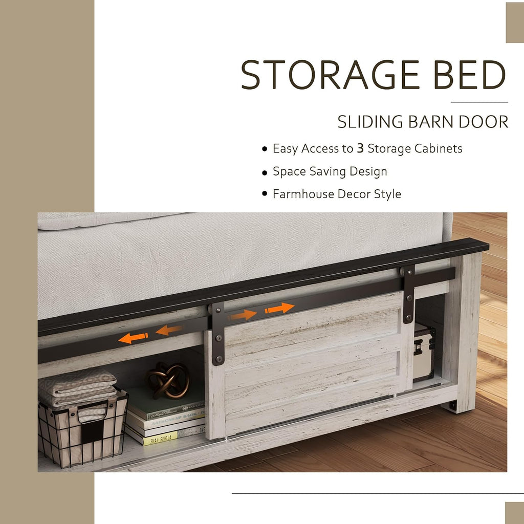 Wooden Bed Frame Queen Size with Headboard & Sliding Barn Door Storage Footboard, Farmhouse Platform Bedframe with Charging Station and LED Lights, No Box Spring Needed, Boho White