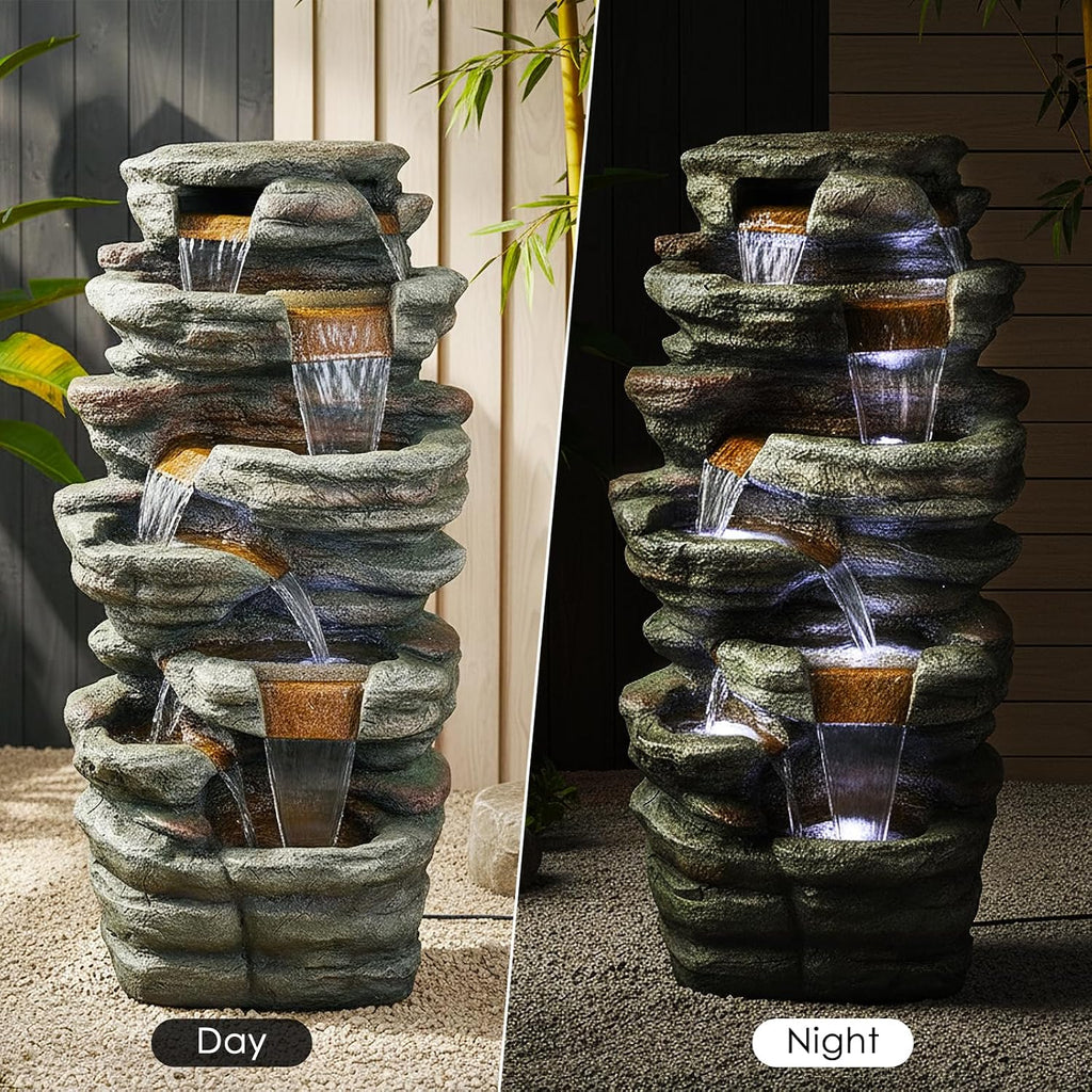 SunJet 48' High 7-Tiers Cascading Rock Outdoor Water Fountain with LED Lights - Large Outdoor Fountains and Waterfalls for Garden or Patio, Yard, and Deck Decor, Featuring Natural Stone Look