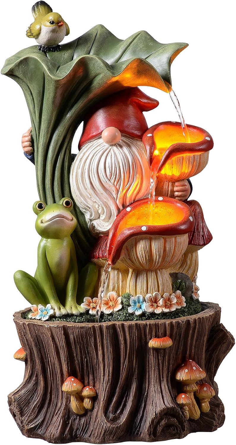 Kalona Gnome Outdoor Waterfall Fountain with LED Lights, Resin Tree Stump Waterfall Fountain for Patio Balcony Yard, 21' Tall Garden Water Feature 25007