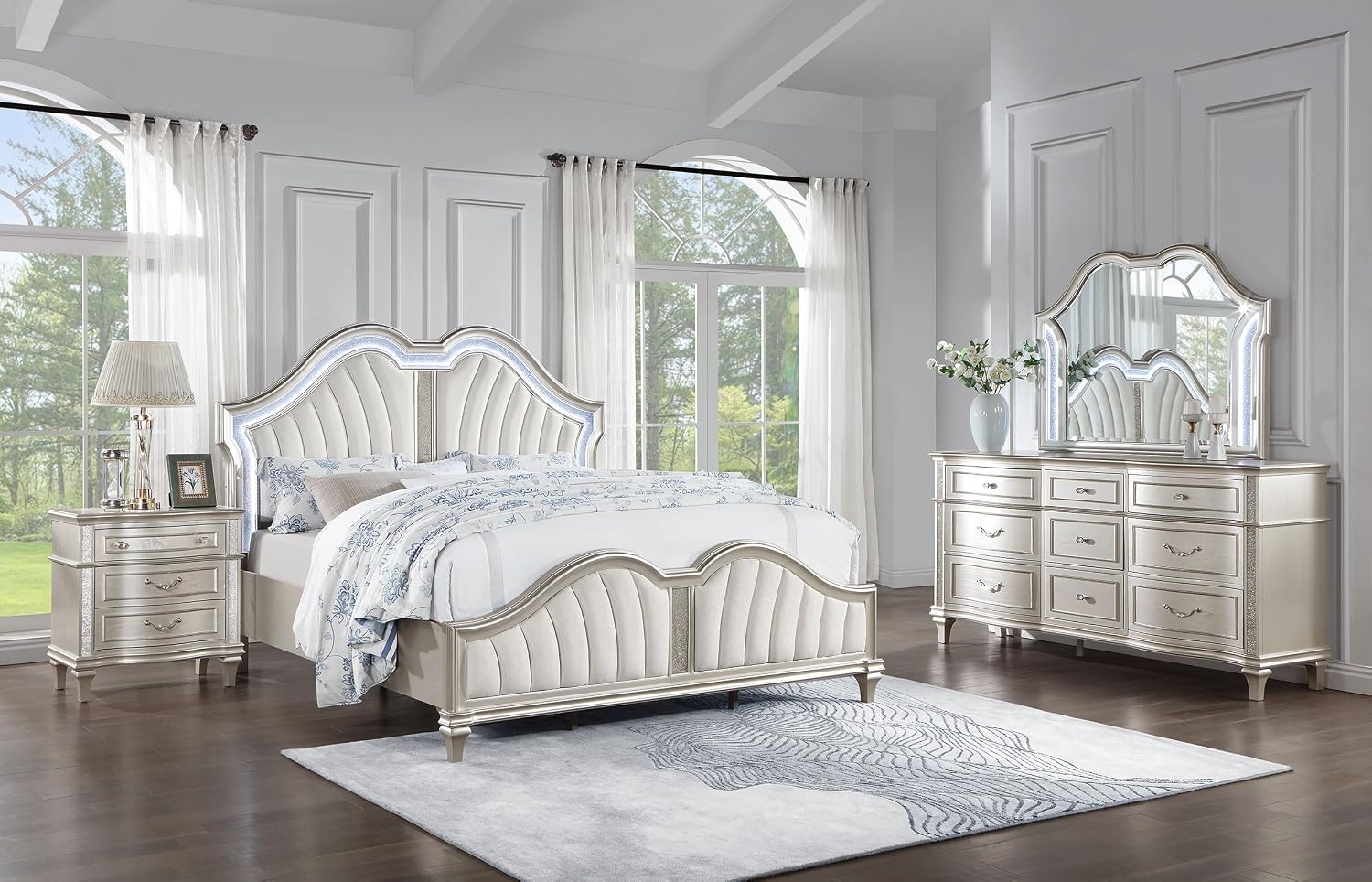 Coaster Home Furnishings Evangeline Modern Classic 4-Piece Bedroom Set Chenille Upholstered California King Size LED Panel Bed Frame 67-inch Headboard Silver Oak 223391KW-S4