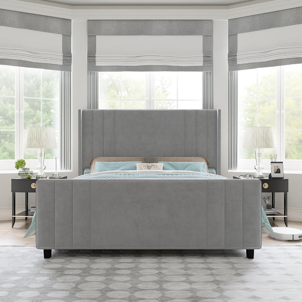 AMERLIFE King Size Bed Frame, Velvet Upholstered Platform Bed with Vertical Channel Tufted Headboard & Footboard/Wingback, Mattress Foundation with Wood Slats, No Box Spring Needed, Light Grey