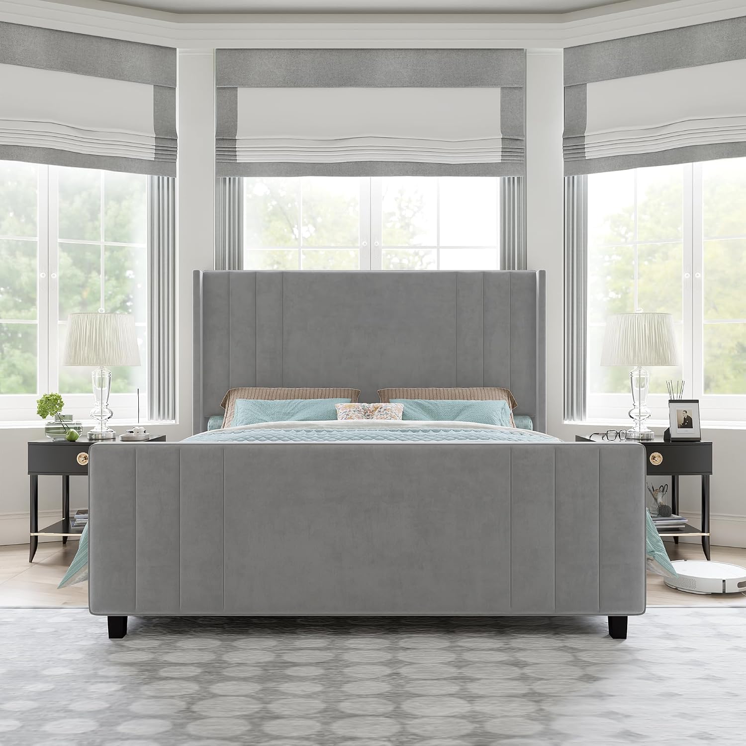 AMERLIFE King Size Bed Frame, Velvet Upholstered Platform Bed with Vertical Channel Tufted Headboard & Footboard/Wingback, Mattress Foundation with Wood Slats, No Box Spring Needed, Light Grey