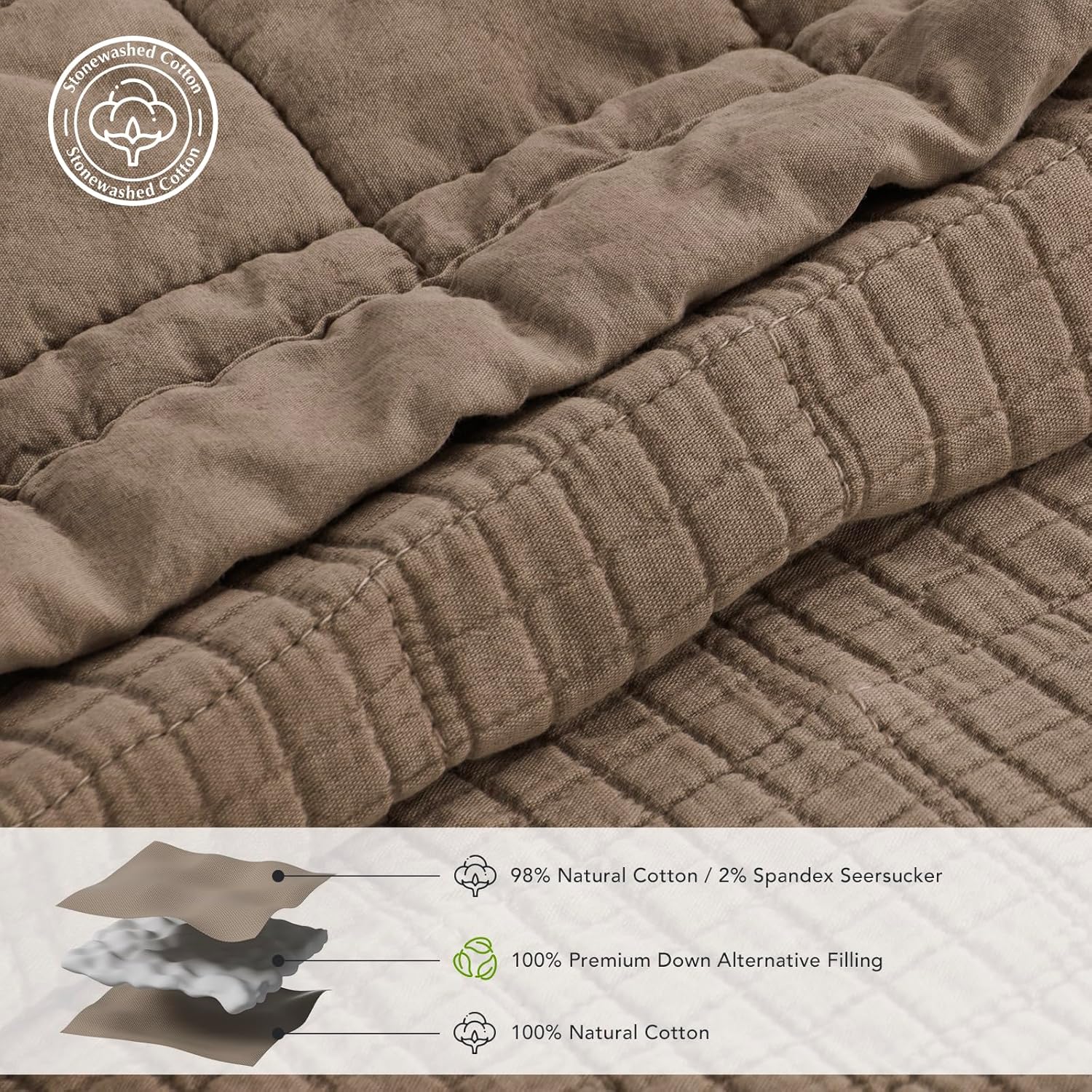 EVERGRACEHOME Stonewashed Cotton Quilt Set King Size, Ultra Soft Oversized Bedspread Coverlet Set, Lightweight Crinkle Box Stitch Bedding Sets for All Season, with 2 Shams, Mocha Brown