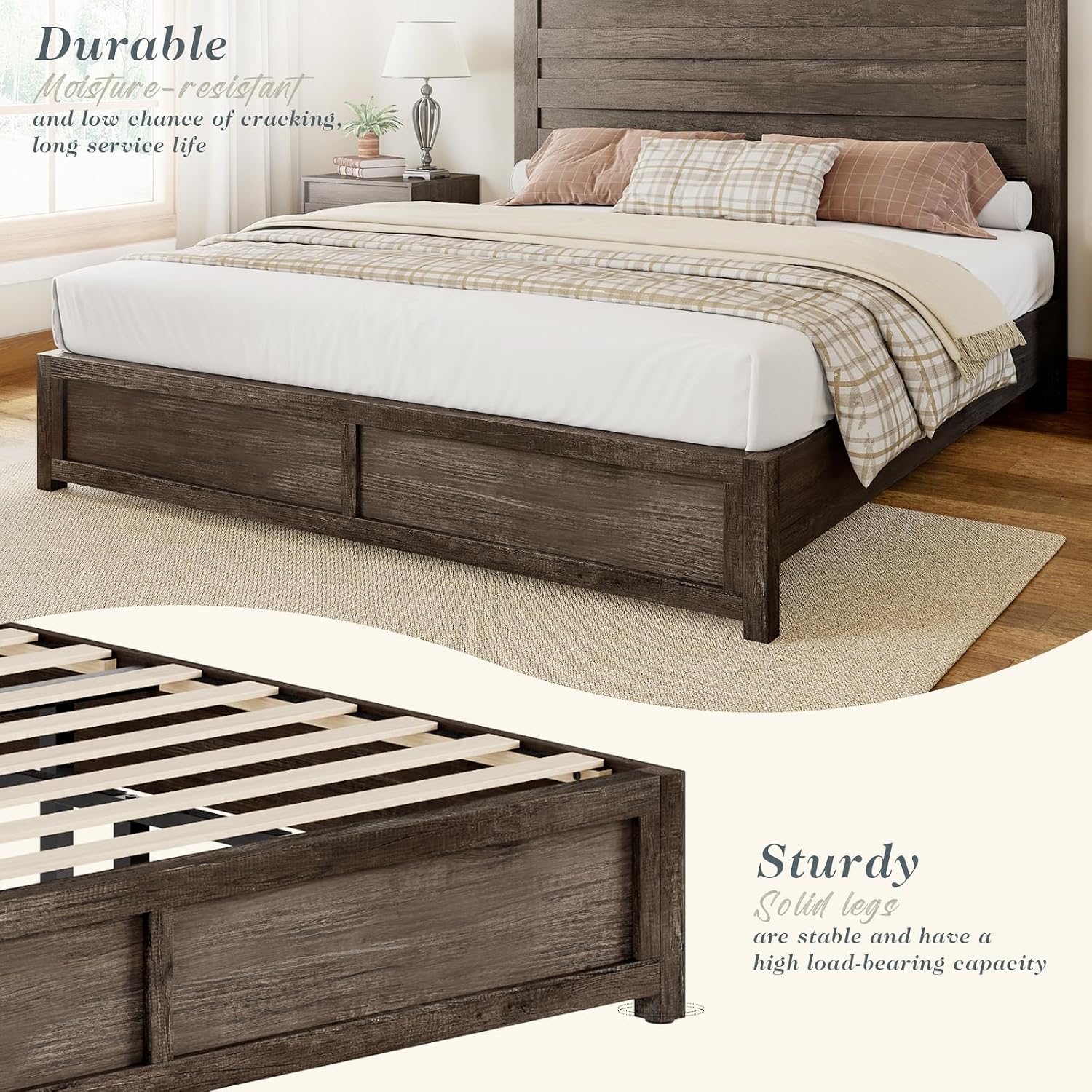 Albott 3 Piece Bedroom Set, Including Farmhouse Full Size Bed Frame with Slatted Headboard, Nightstands Set of 2 with Charging Station for Bedroom, Rustic Grey