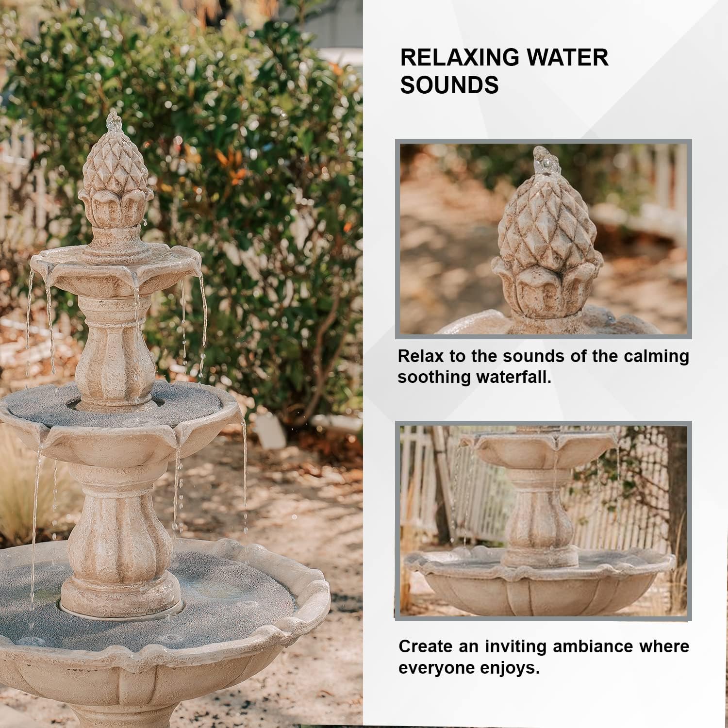 XBrand 51' 3-Tier Outdoor Freestanding Waterfall Fountain with Pump and Pineapple Finial, Beige