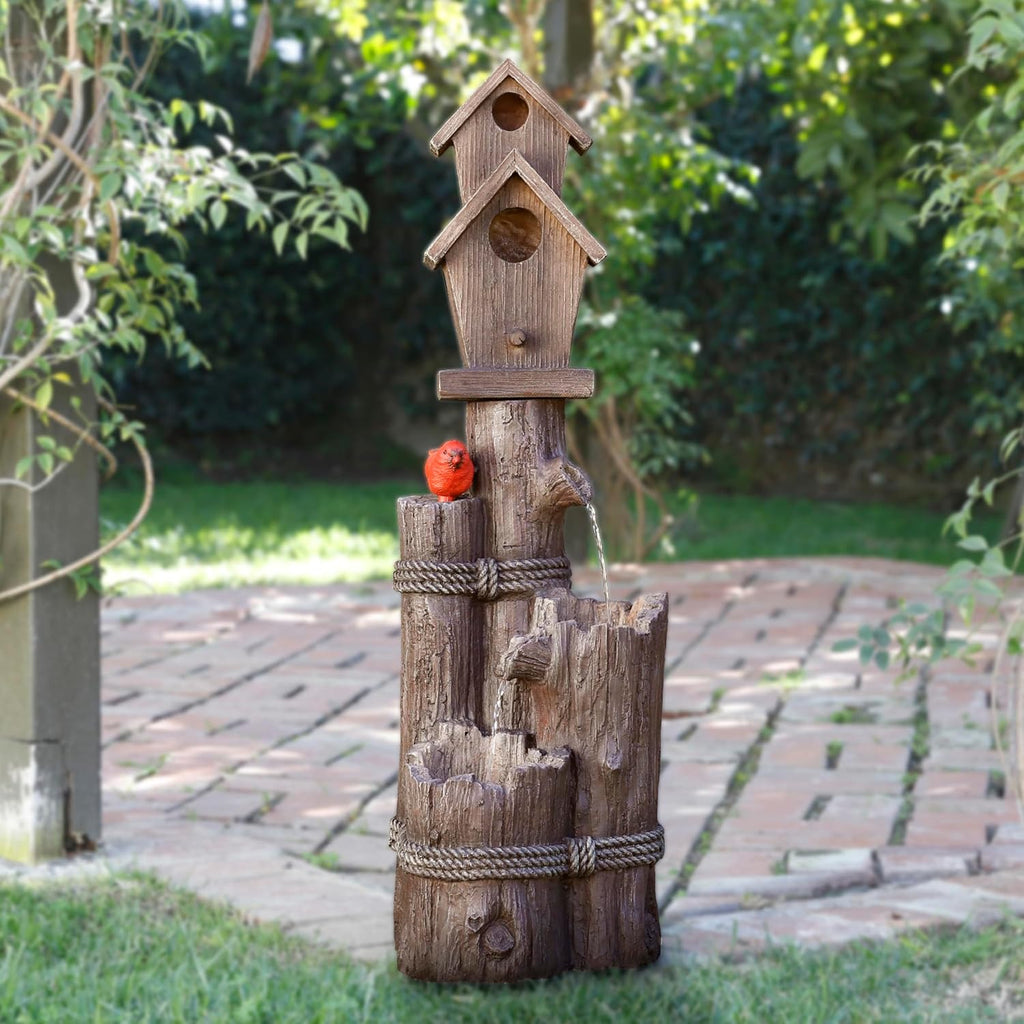 Alpine Corporation 35' Tall Outdoor 3-Tier Birdhouse Water Fountain with Cardinal Accent, Rustic Floor Decor for Garden and Patio, Brown
