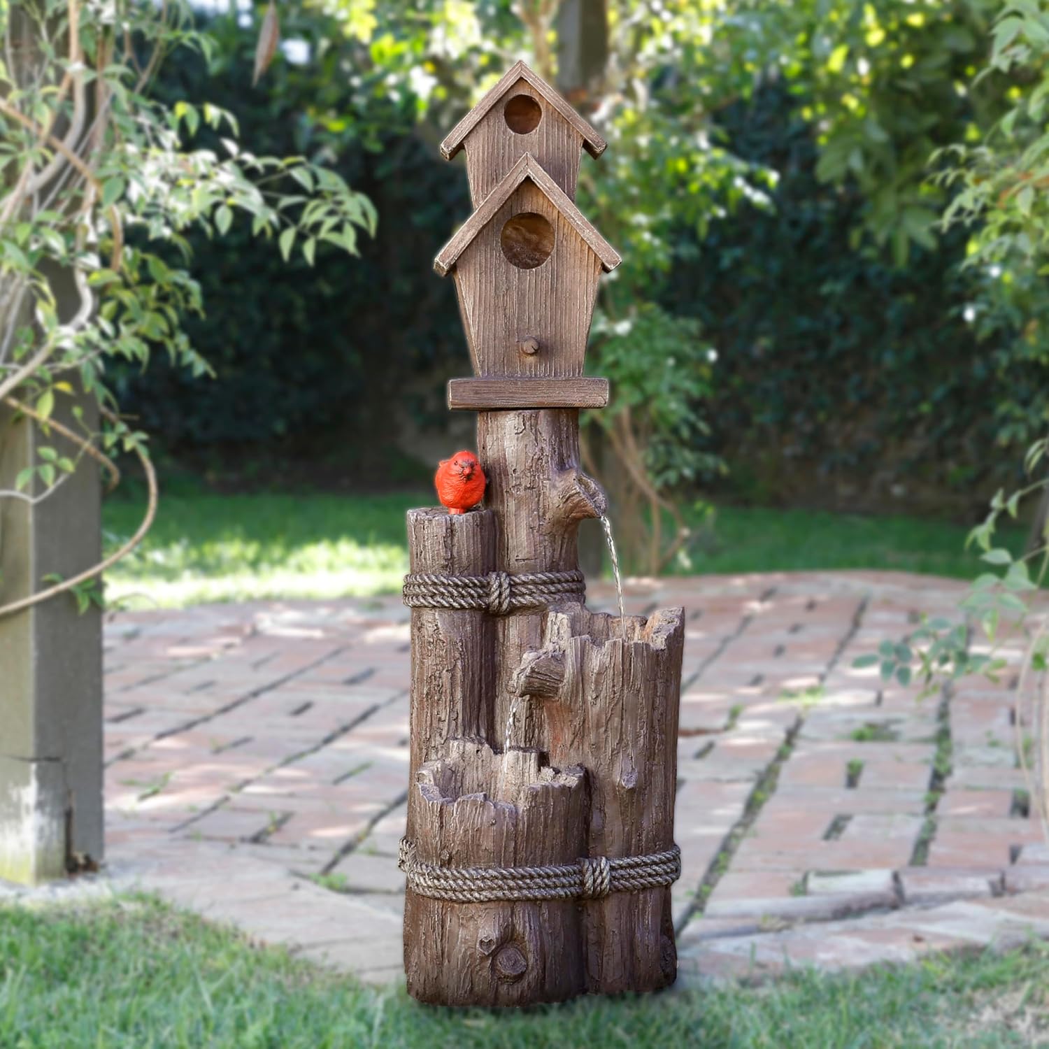Alpine Corporation 35' Tall Outdoor 3-Tier Birdhouse Water Fountain with Cardinal Accent, Rustic Floor Decor for Garden and Patio, Brown