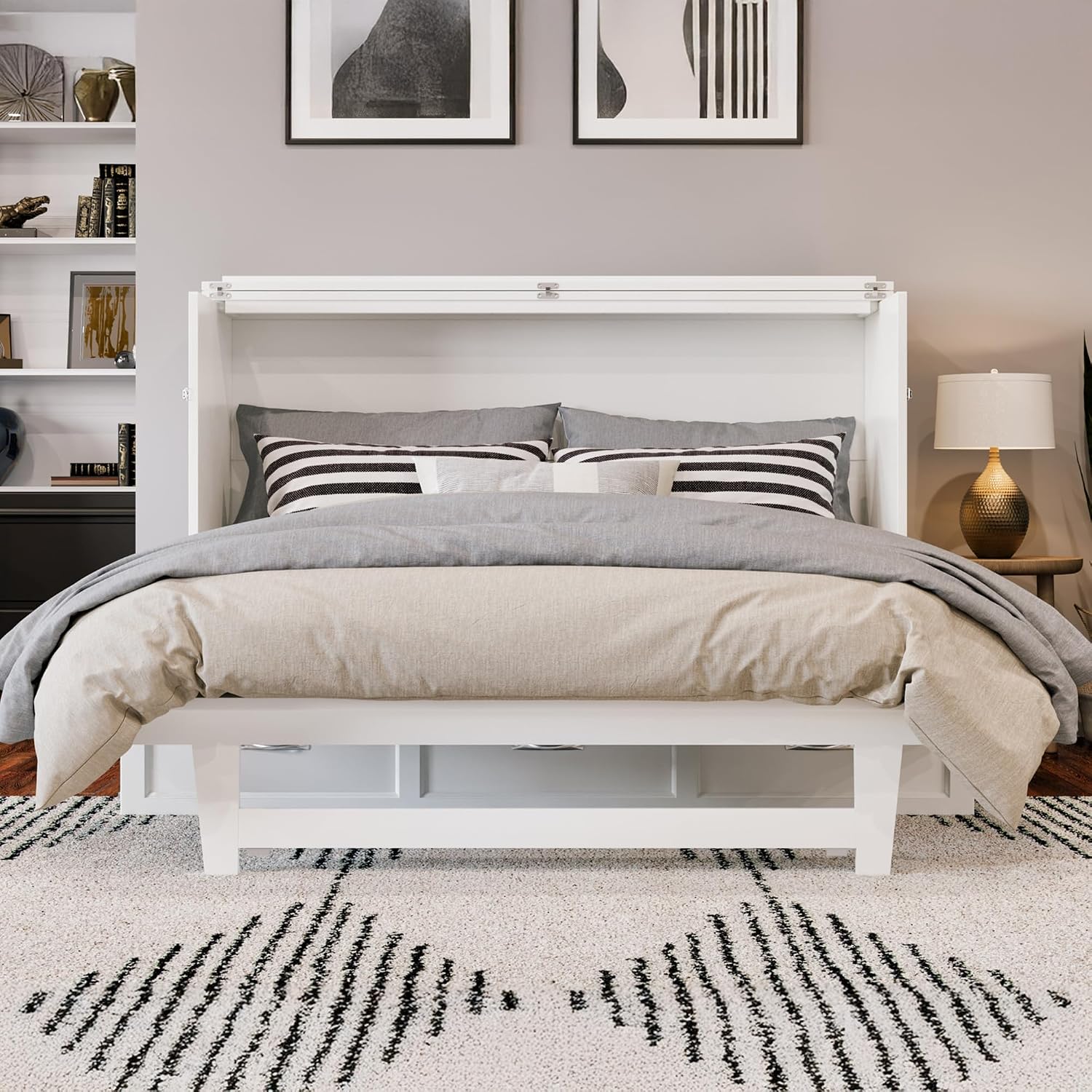 AFI Northfield Queen Size Murphy Bed Chest with Mattress, Storage, & Built-in Charger in White