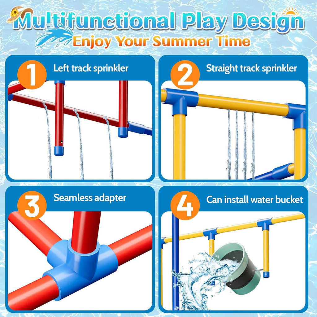Kids Backyard Water Park Sprinkler Toy, Steady Water Sprinkler for Children, Summer Fun Waterpark Splash Outside Water Activities, Heavy Duty PVC Tubes