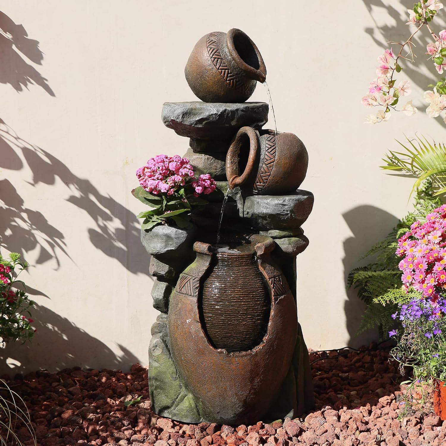 Bumilgar 38.4' H Garden Water Fountain, 3-Tier Cascading Water Features with LED Light, Faux Terracotta Jar Design for Patio, Backyard, Deck, Porch, and Home Art Décor, Brown