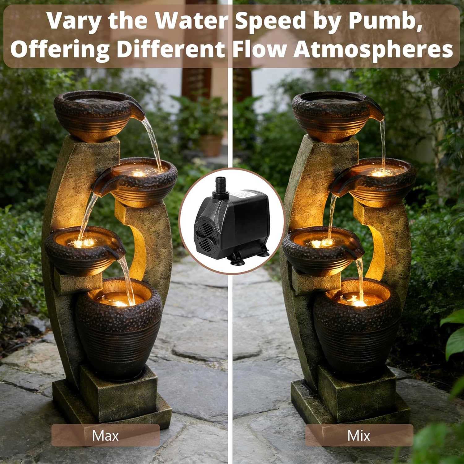 Naturefalls 40' Tall Outdoor Water Fountain and Waterfalls - Large Garden Fountain with LED Lights, 4-Tier Crocks, Indoor and Outdoor Fountains for Garden, Patio, Deck, Porch, Backyard and Home, Gray
