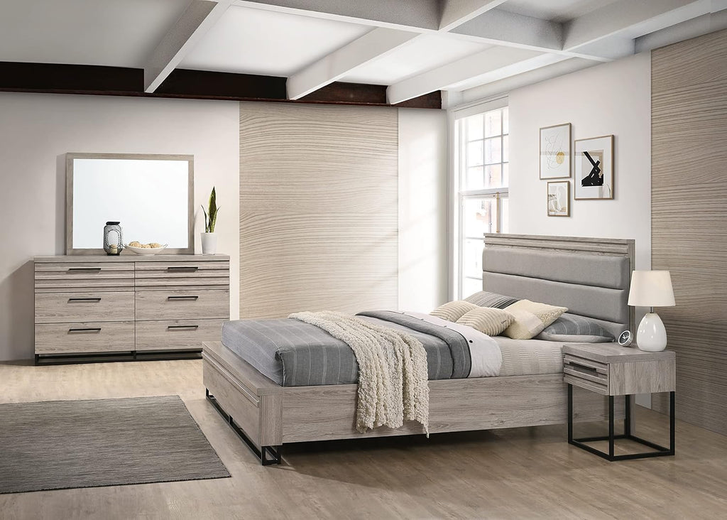 Roundhill Furniture Alvear Upholstered Wood Panel Bed, Dresser, Mirror, Nightstand, and Chest, King, Weathered Gray