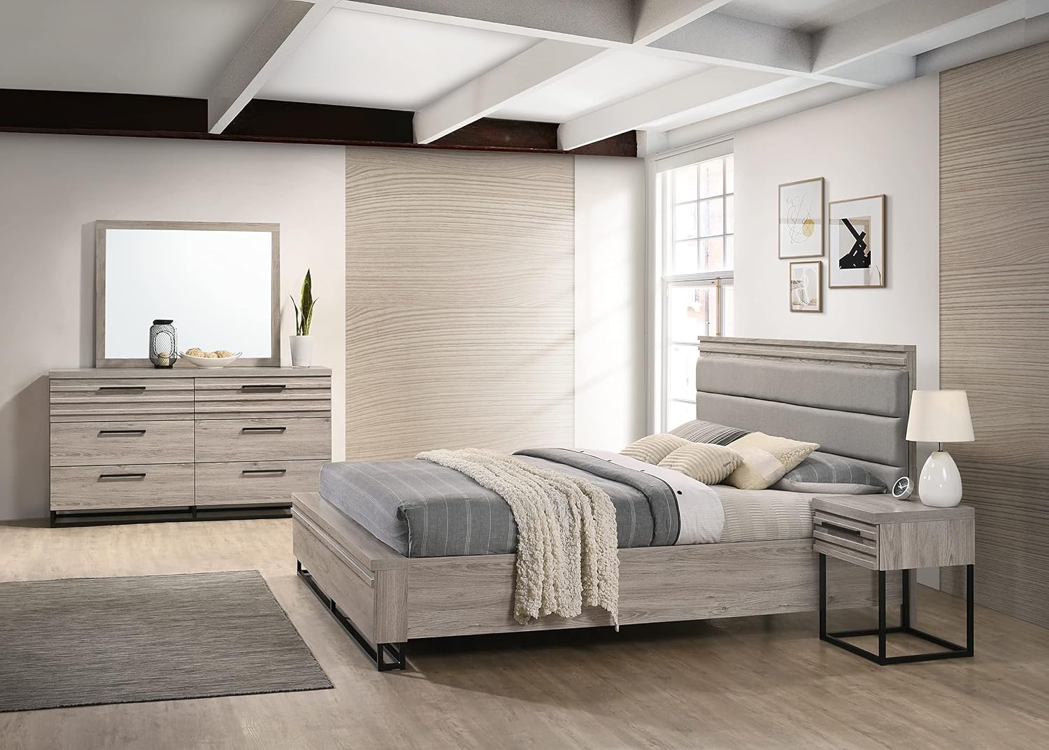 Roundhill Furniture Alvear Upholstered Wood Panel Bed, Dresser, Mirror, Nightstand, and Chest, King, Weathered Gray
