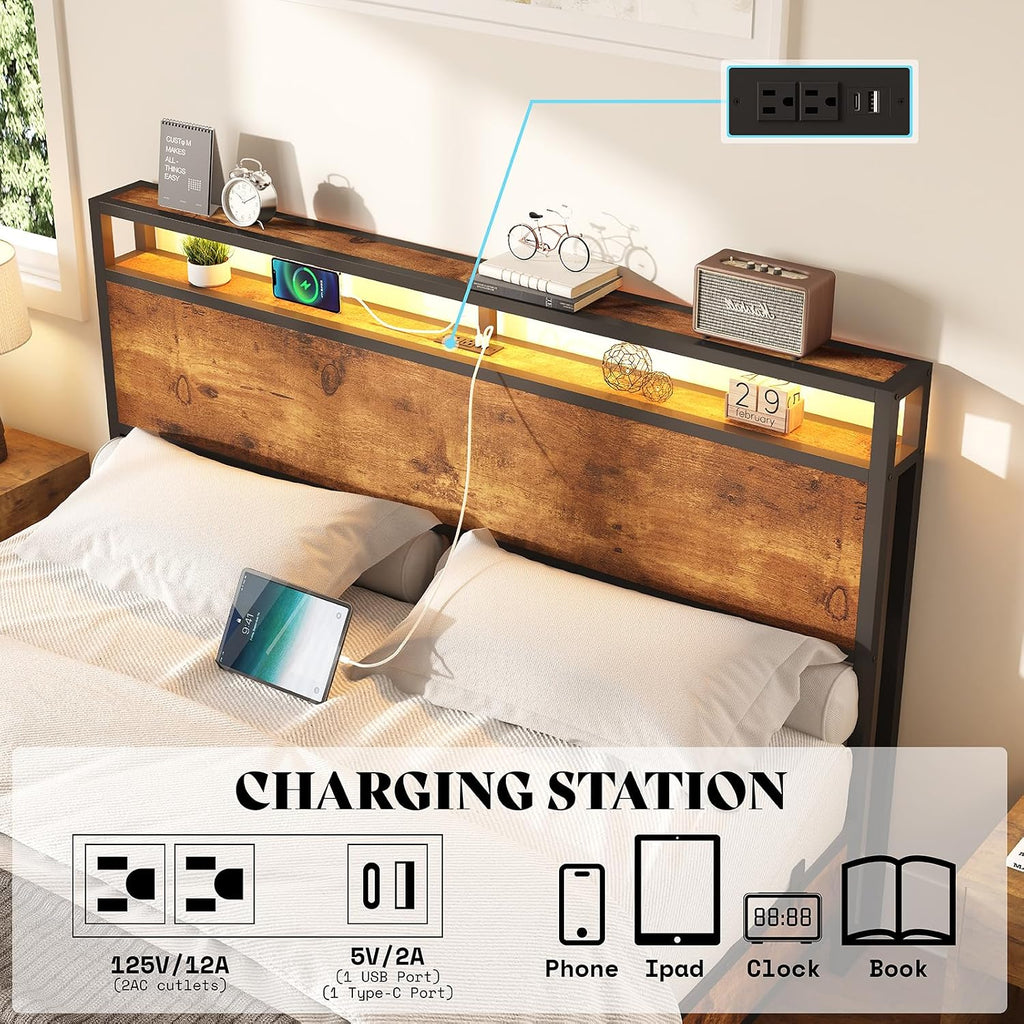 AMERLIFE Queen Size Floating Bed Frame with 2-Tier Storage Headboard, Metal Bed Frame with Charging Station & LED Lights, No Box Spring Needed, Rustic Brown