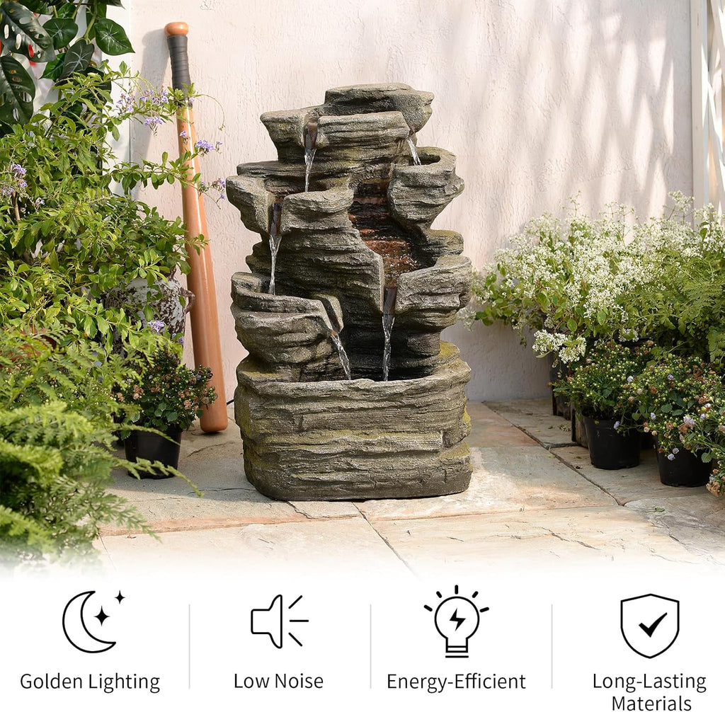 Bumilgar 6-Tier Cascading Rock Water Fountain Outdoor Garden Waterfall Decor for Garden, Patio, Backyard, Deck, Porch and Home Art Decor,24.4' H Outdoor Fountain with Lights