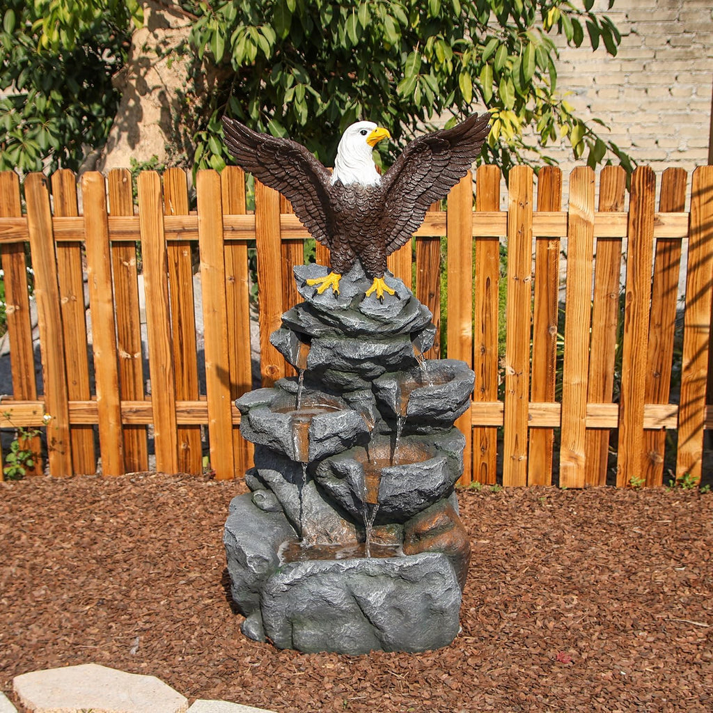 YZM Bald Eagle Statue Outdoor Fountain Tiered Cascading Rock Water Feature for Garden Patio Backyard Porch Deck 38.58' Tall Outdoor Waterfall Sculpture Elegant Garden Decor