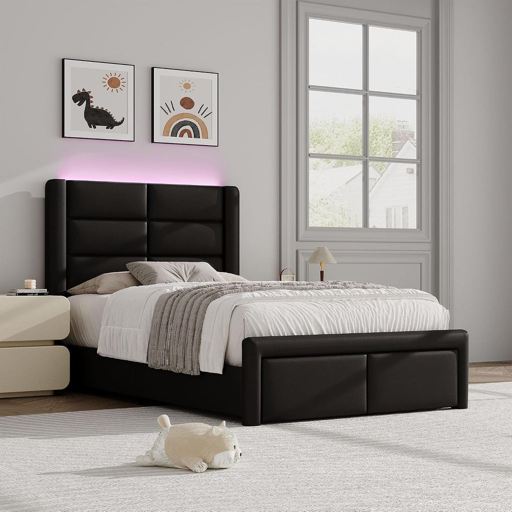 Twin Bed Frame with Headboard and LED Lights, Modern Faux Leather Upholstered Bed Frame with Wooden Slats Support and Heavy Duty Mattress Foundation, No Box Spring Needed, Easy Assembly, Black