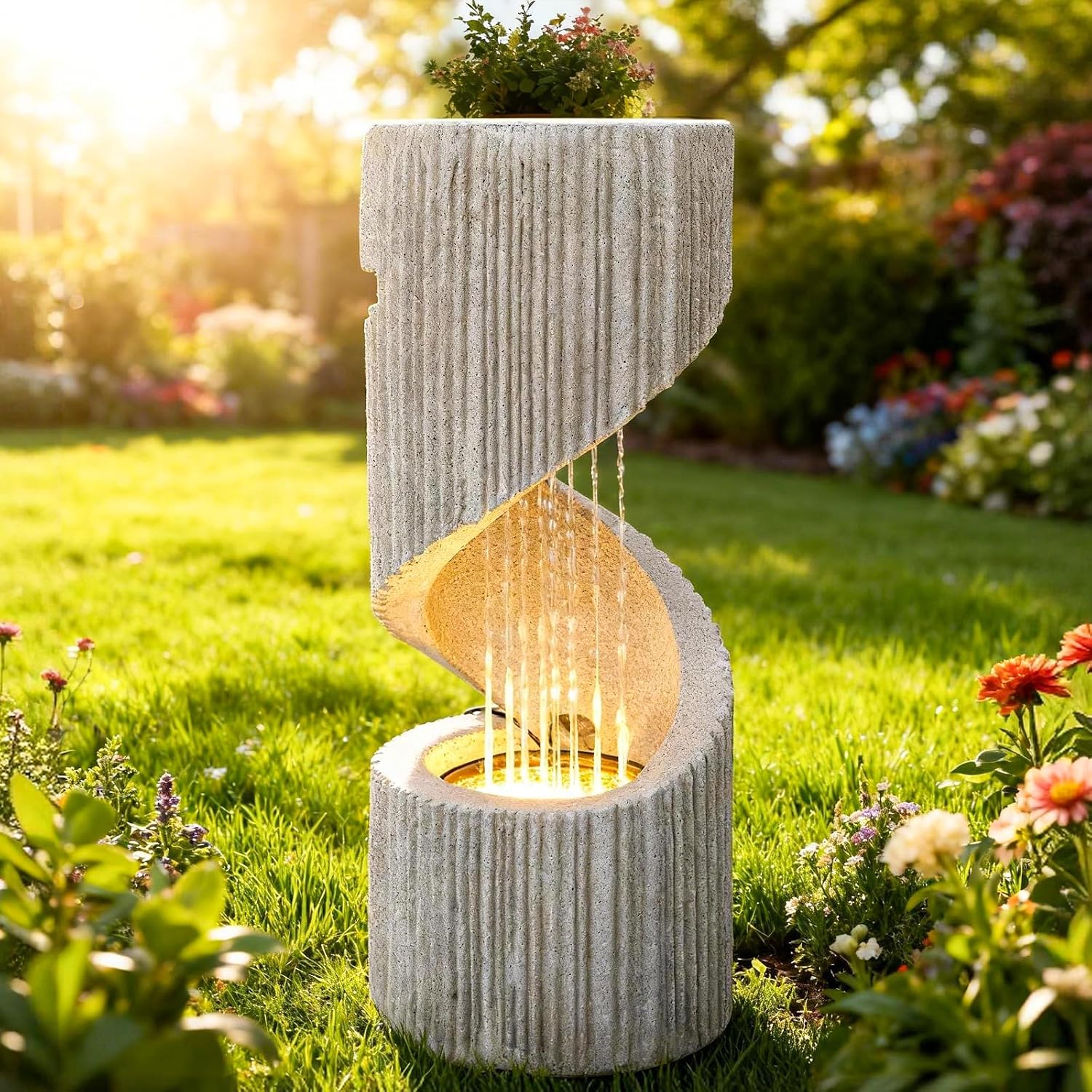 30' H Outdoor Water Fountain with LED Light, S-Shaped Modern Curved Outdoor Fountain, Spiral Column Fountain, Decorative Waterfall Feature with Flat Top Plant Display for Garden, Patio Decor