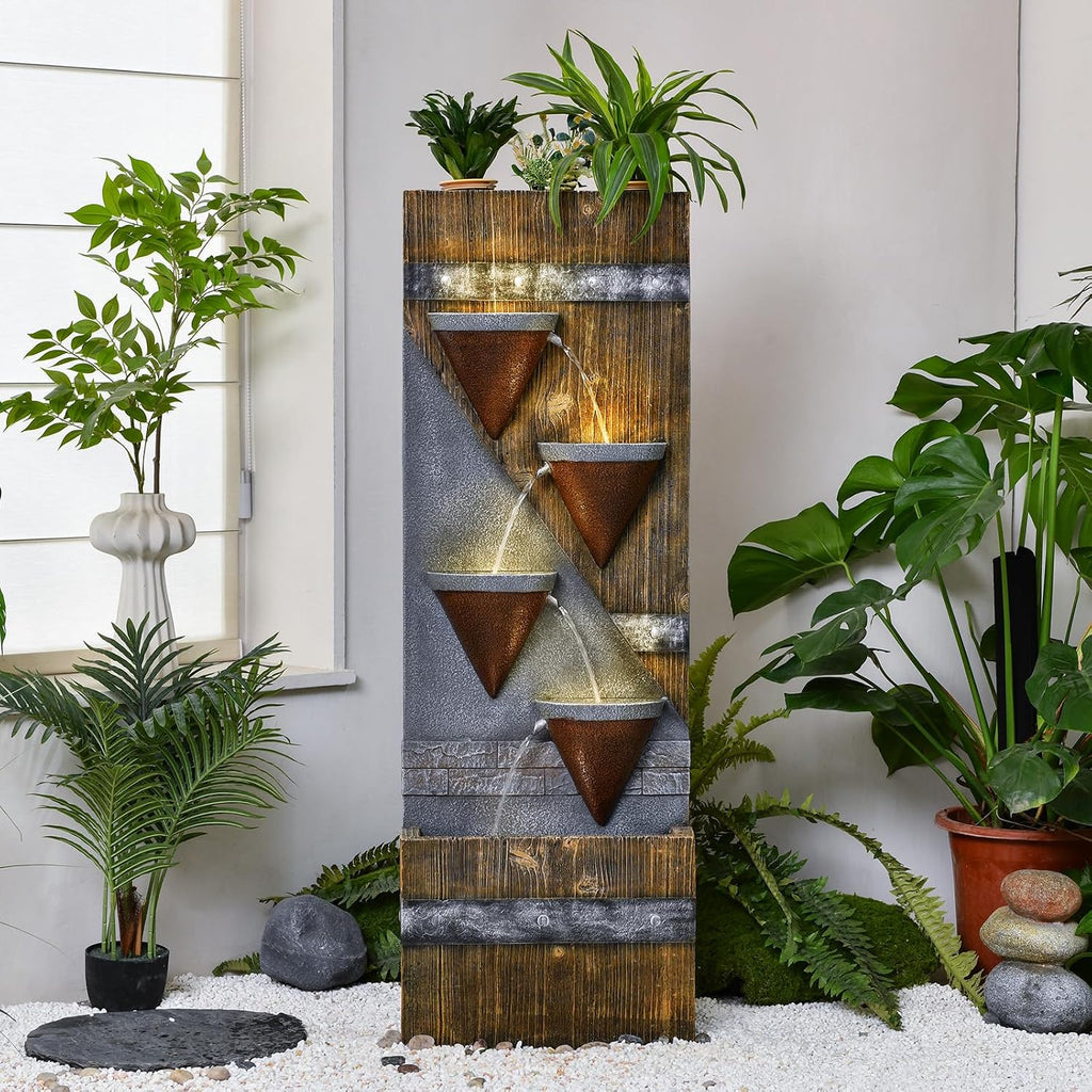 49.21' Outdoor Garden Water Fountain with Lights Floor-Standing 4 Tiers Cascading Large Waterfall Fountain for Patio, Backyard, Deck, Porch and Home Art Decor