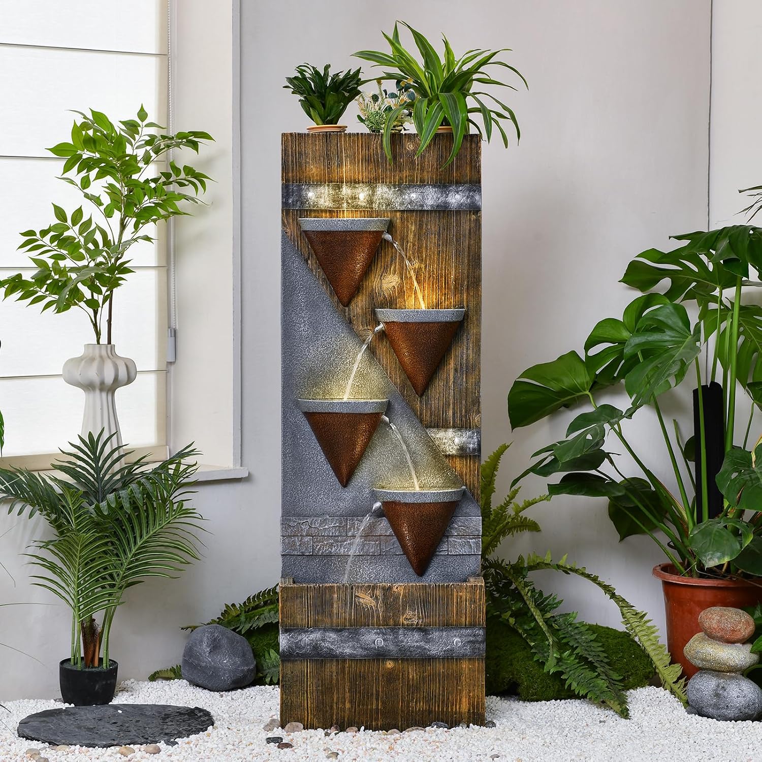 49.21' Outdoor Garden Water Fountain with Lights Floor-Standing 4 Tiers Cascading Large Waterfall Fountain for Patio, Backyard, Deck, Porch and Home Art Decor