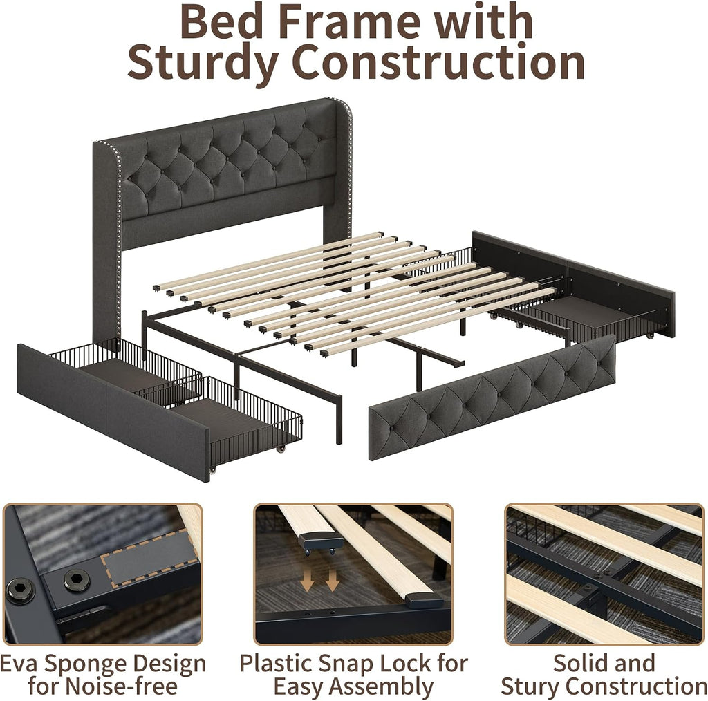 BRELTAM Queen Size Bed Frame with Storage Drawers and Wingback Headboard Linen Upholstered Platform Bed Frame Tufted Beds with Heavy Duty Wood Slats, Noise Free, Easy Assembly, Dark Grey