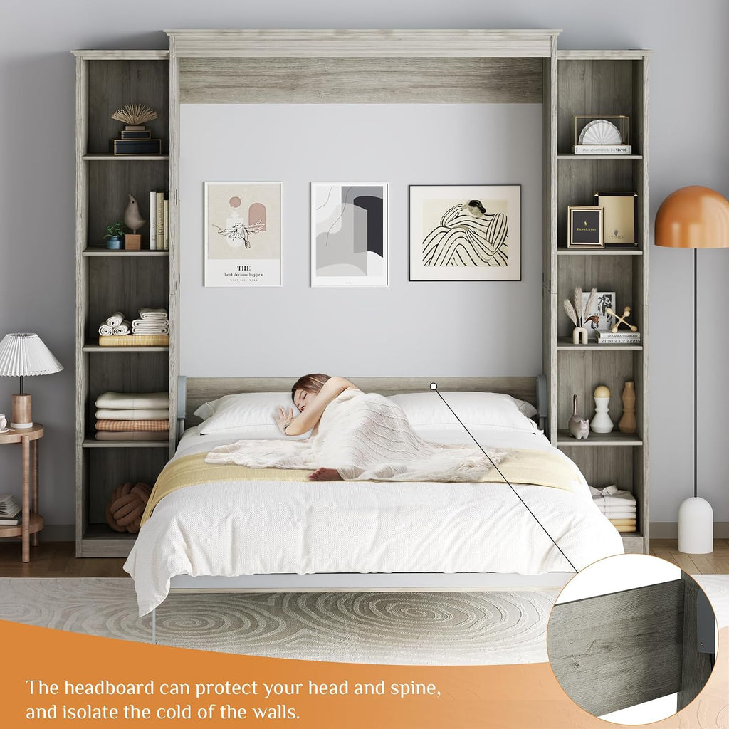 Rophefx Queen Murphy Bed Cabinet with 5-Tier Adjustable Storage Shelves, Queen Wall Bed Cabinet Bed, Wood Space Saving Beds, Foldable Platform Beds, Hidden Bedframe for Guest Room, Bedroom,Grey