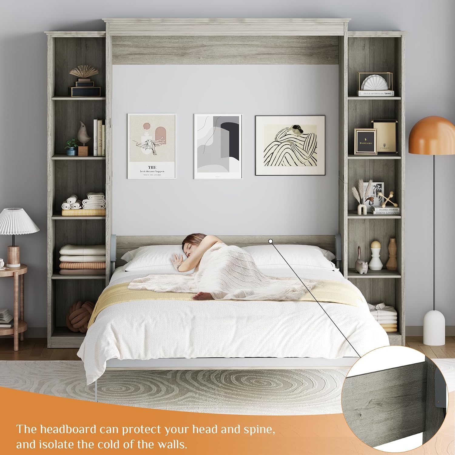 Rophefx Queen Murphy Bed Cabinet with 5-Tier Adjustable Storage Shelves, Queen Wall Bed Cabinet Bed, Wood Space Saving Beds, Foldable Platform Beds, Hidden Bedframe for Guest Room, Bedroom,Grey