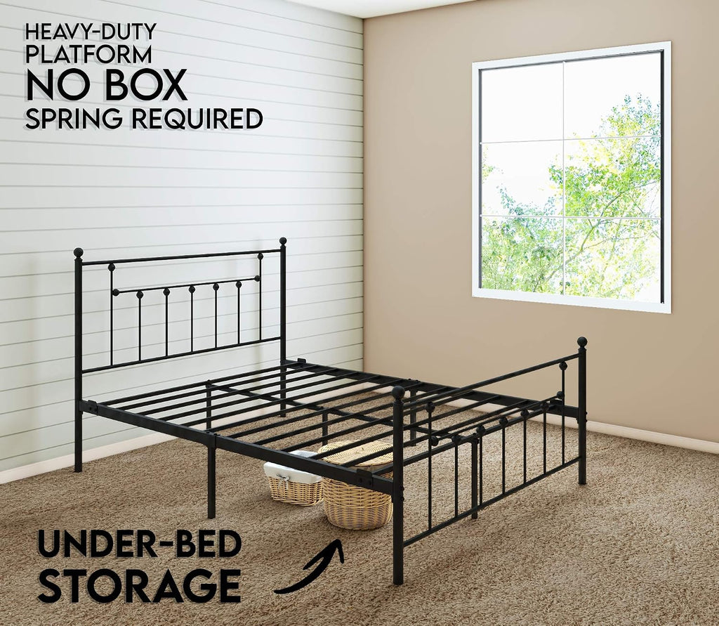 Golden Gate Beds Victorian Style Metal Platform Bed Frame with Antique Wrought Iron-Art Headboard and Footboard, Classic Cama Steel Mattress Foundation, No Box Spring Needed, Queen Size, Black Finish