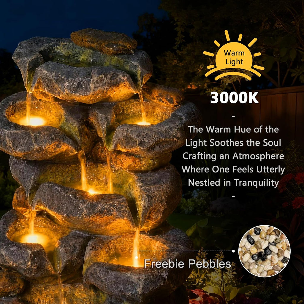 Solar Water Fountain Outdoor Garden, 24' H Cascading Stone Design 5 Tier Rock Feature Outdoor Fountains Waterfalls with Light, Pump Solar Panel for Patio, Deck, Porch, Backyard Home Décor