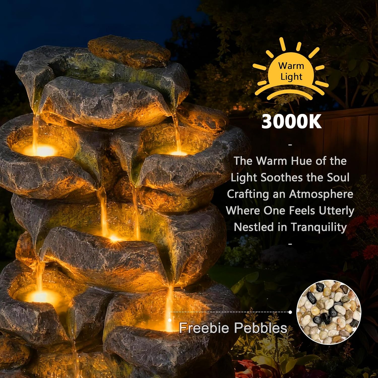Solar Water Fountain Outdoor Garden, 24' H Cascading Stone Design 5 Tier Rock Feature Outdoor Fountains Waterfalls with Light, Pump Solar Panel for Patio, Deck, Porch, Backyard Home Décor