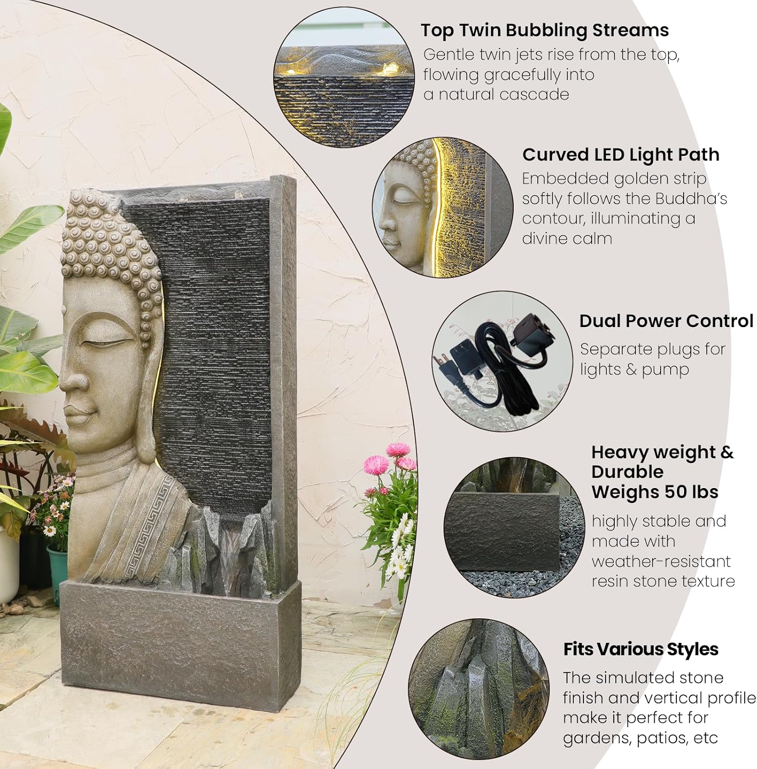 Tankana 47.5' Buddha Water Fountain Outdoor with LED Lights, Large Zen Garden Waterfall Feature with Double Bubblers and Stream, Resin Statue for Patio, Yard, Porch, Meditation Decor