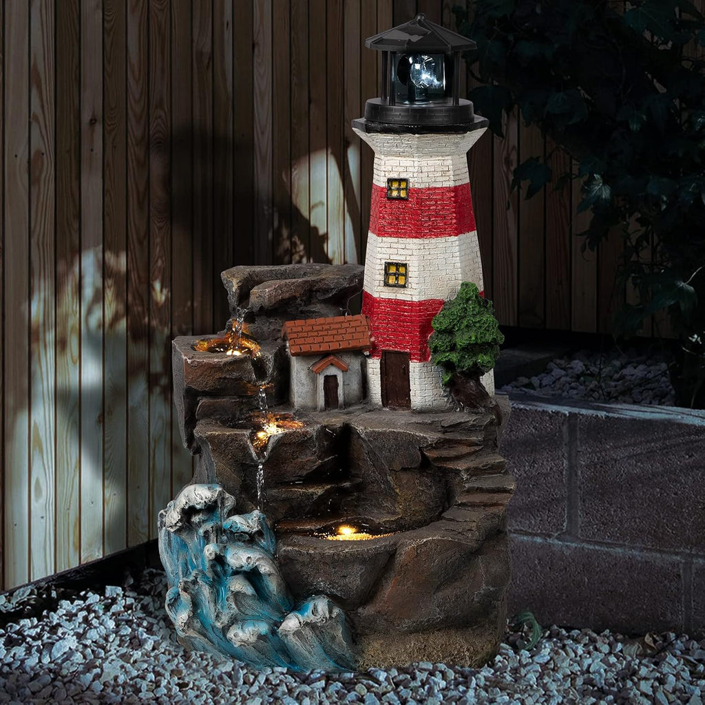 Ferrisland Lighthouse Big Waterfall Fountain Outdoor, Freestanding Relaxing Water Fountain, Garden Backyard Decking Home Nautical Art Decor, Gift Ideas(Red & White, 23' H)