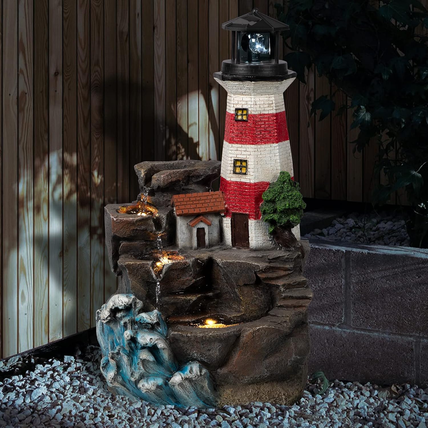 Ferrisland Lighthouse Big Waterfall Fountain Outdoor, Freestanding Relaxing Water Fountain, Garden Backyard Decking Home Nautical Art Decor, Gift Ideas(Red & White, 23' H)