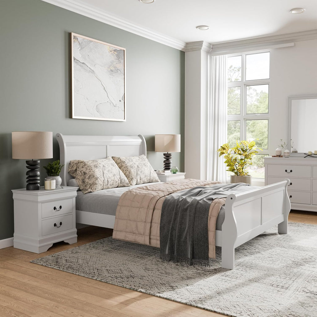 Furniture of America Arabella Traditional Solid Wood 3 Piece Bedroom Set, Queen Bed Frame and Nightstands Set of 2, Chic Sleigh Design Bedframe with Headboard and Footboard, Box Spring Needed, White