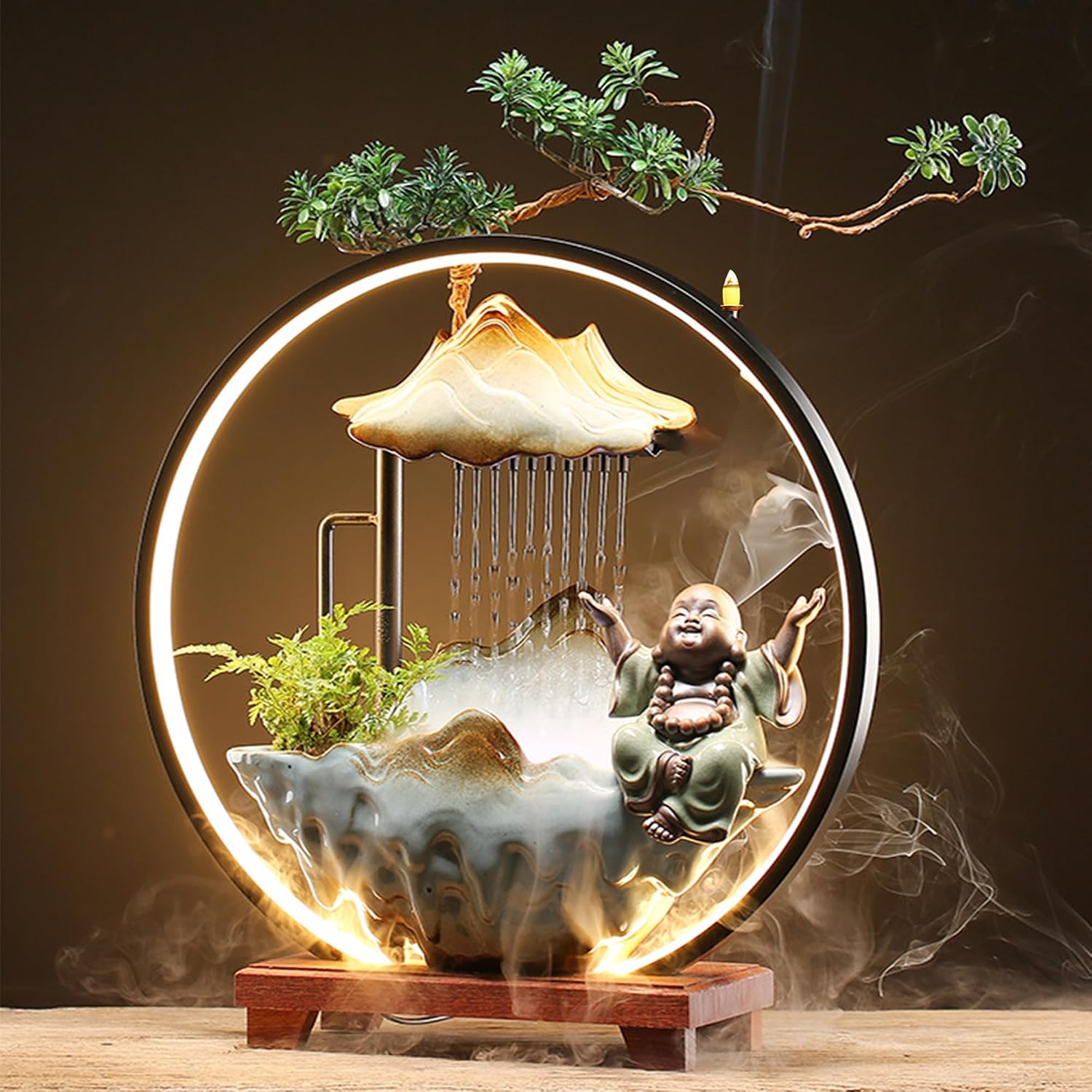 Ceramic Maitreya Buddha Incense Burner, Waterfall Lotus LED Light Ring Backflow Aromatherapy Ornament, with Incense Cones for Home Office Decor for Relaxation Yoga Gift (Buddha-2)