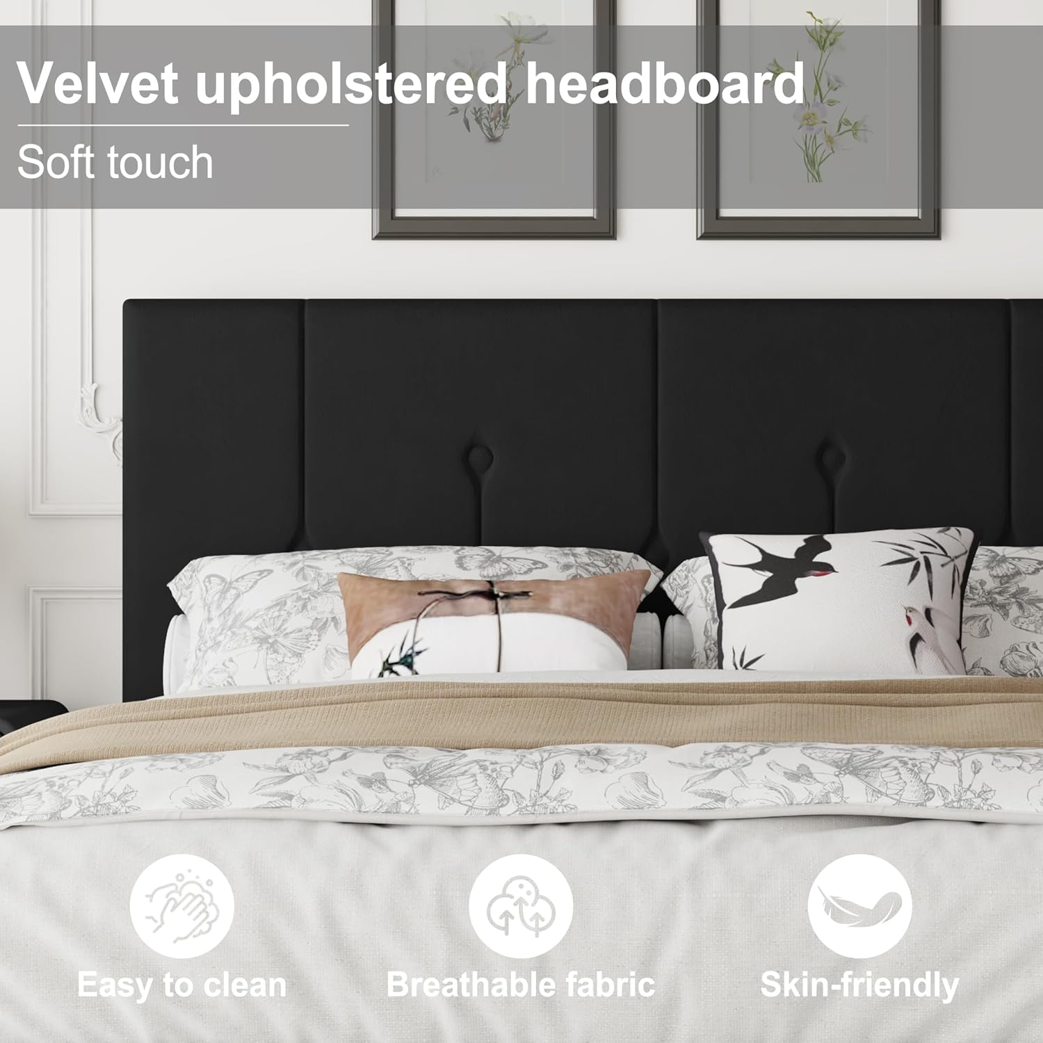 IOILORI Queen Size Bed Frame Platform with Velvet Upholstered Headboard, Sturdy Wooden Slats, No Spring Box, No Noise, Easy to Assemble, Light Grey Bedframe with Strong Wooden Slats, Black