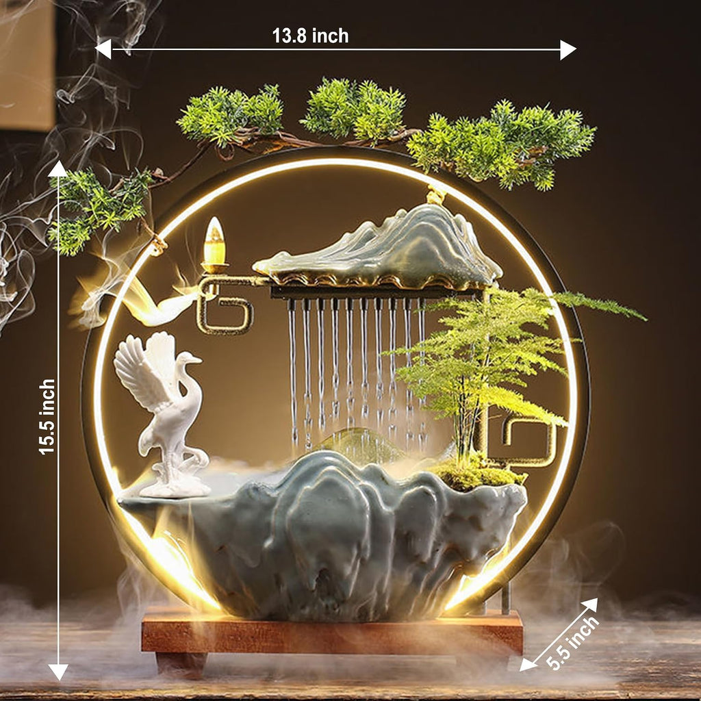Crane Tabletop Fountain Indoor Waterfall Fountain Office Tabletop Water Fountain with Lights Backflow Incense Burner Ceramic Indoor Zen Decor for Home Office Yoga Meditation (Crane)