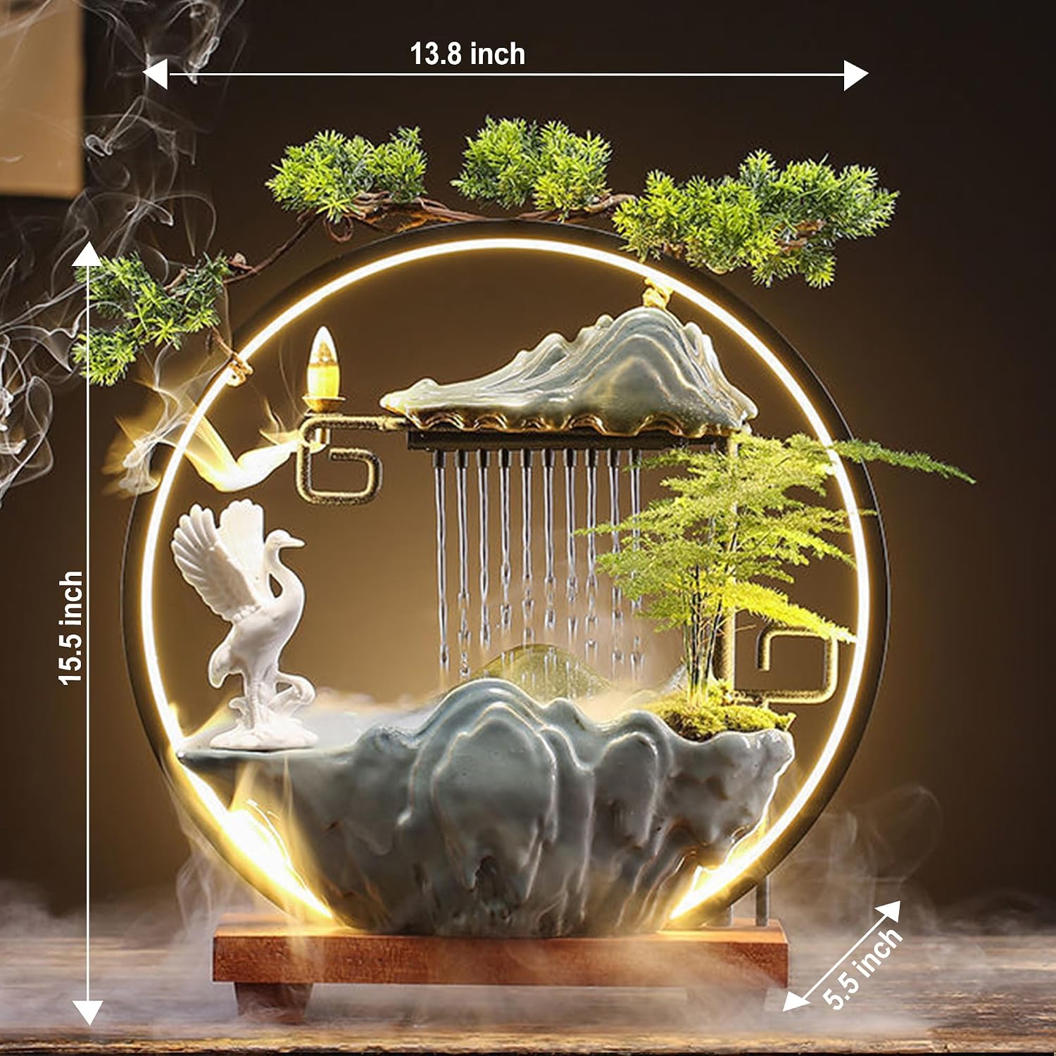 Crane Tabletop Fountain Indoor Waterfall Fountain Office Tabletop Water Fountain with Lights Backflow Incense Burner Ceramic Indoor Zen Decor for Home Office Yoga Meditation (Crane)