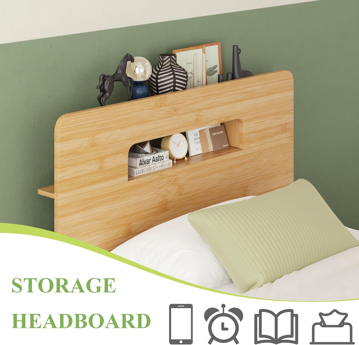ZIYOO Solid Bamboo Wood Bed Frame Twin with Storage Headboard, 14 inch Platform Bed Frame Twin Size No Box Spring Needed with Steel Slats, Sturdy and Stable, Easy Assembly, Noise Free