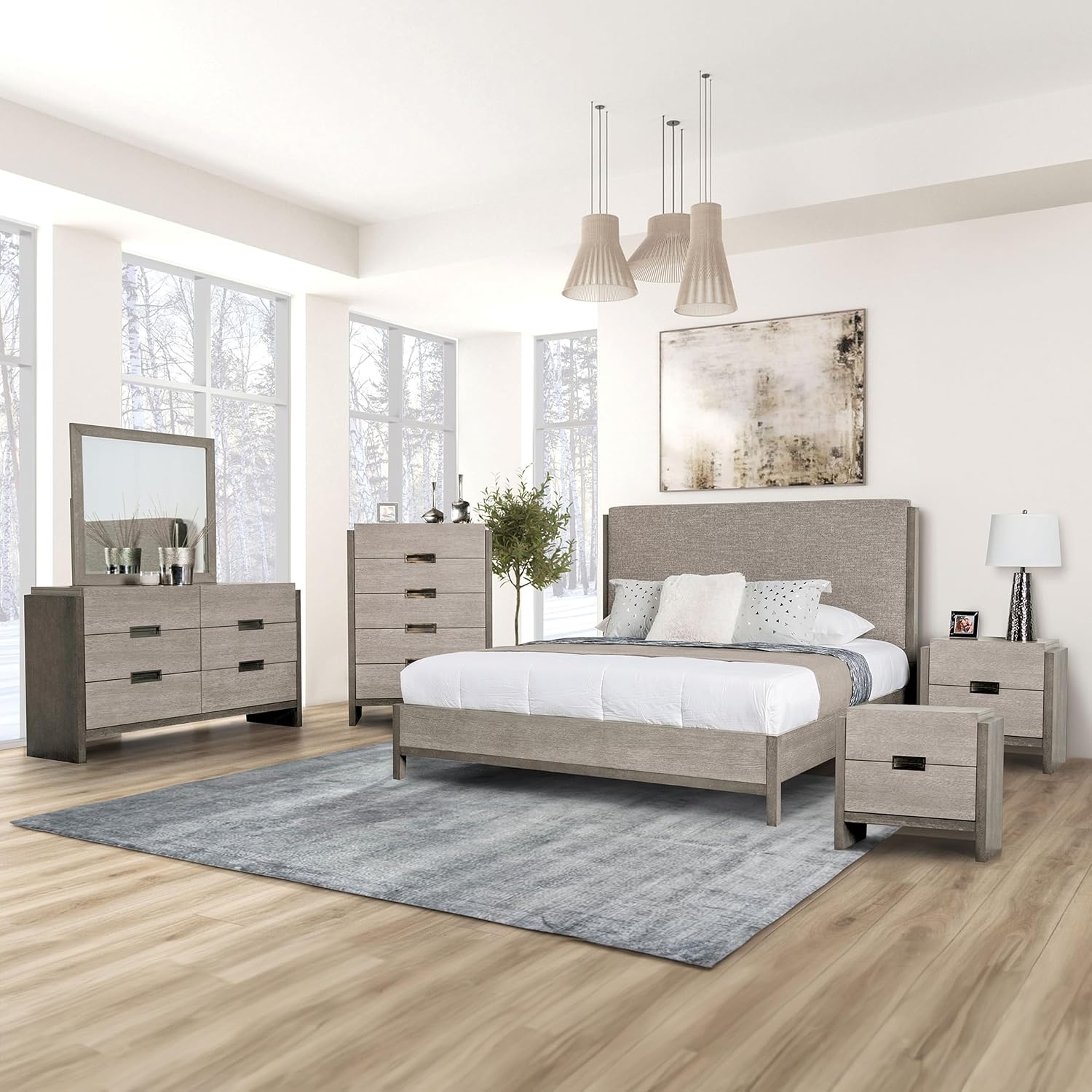 Furniture of America Burnett Solid Wood 6-Piece Bedroom Set, Queen-Size Bed with Padded Headboard, Felt-Lined Top Drawer, Stability and Durability Frame, Box Spring Required, Gray