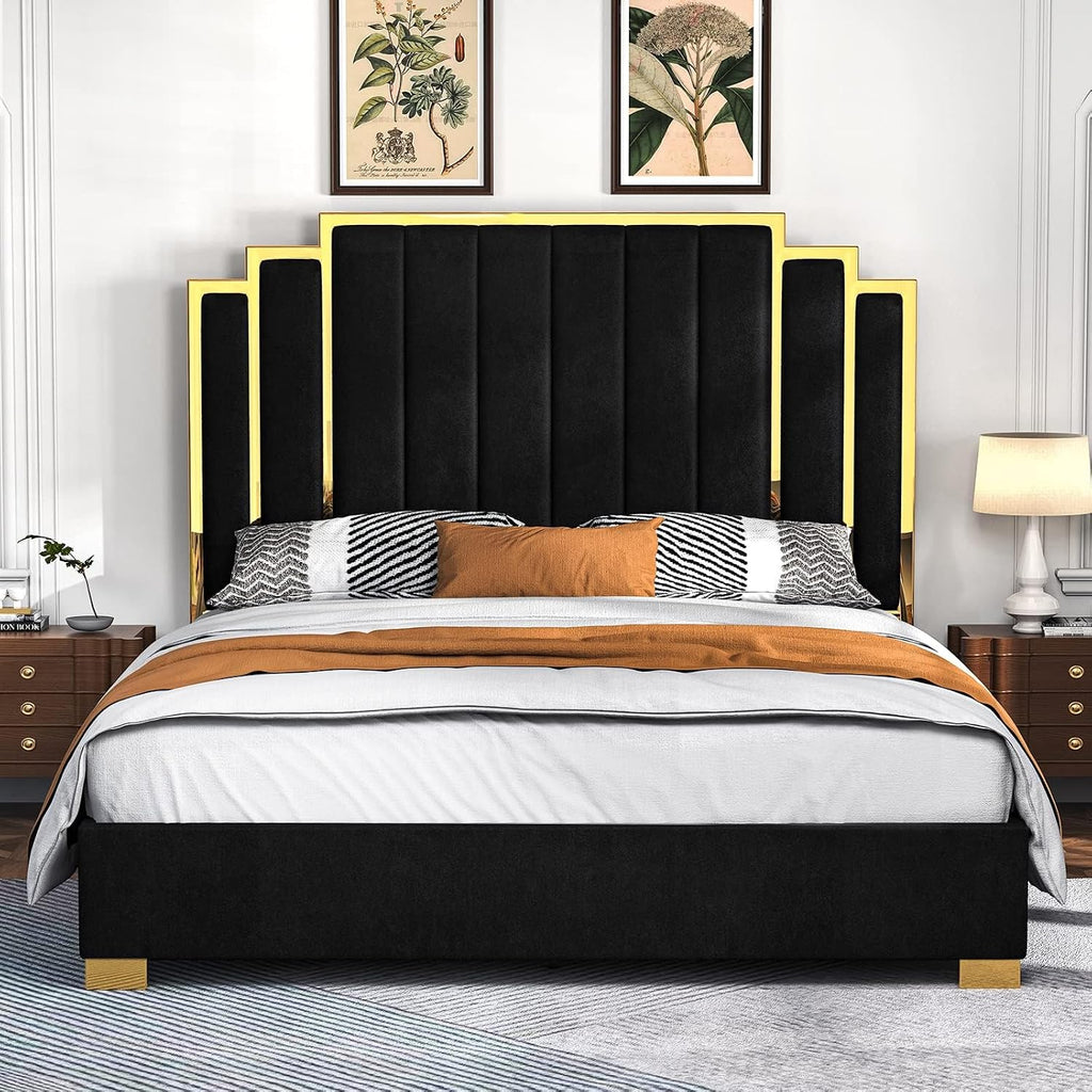 Albott California King Size Platform Bed Frame, 65' Velvet Upholstered Bed with Gold Trim Headboard/Wooden Slats/No Box Spring Needed/Black