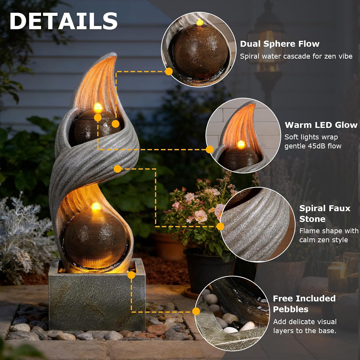 42.9'H Large Water Fountains Outdoor,Modern Spiral Water Fountain Outdoor with Dual Spheres Zen Water Feature Floor Fountain with Light LED Waterfall for Outside Deck, Patio, Porch, Garden, Yard Decor