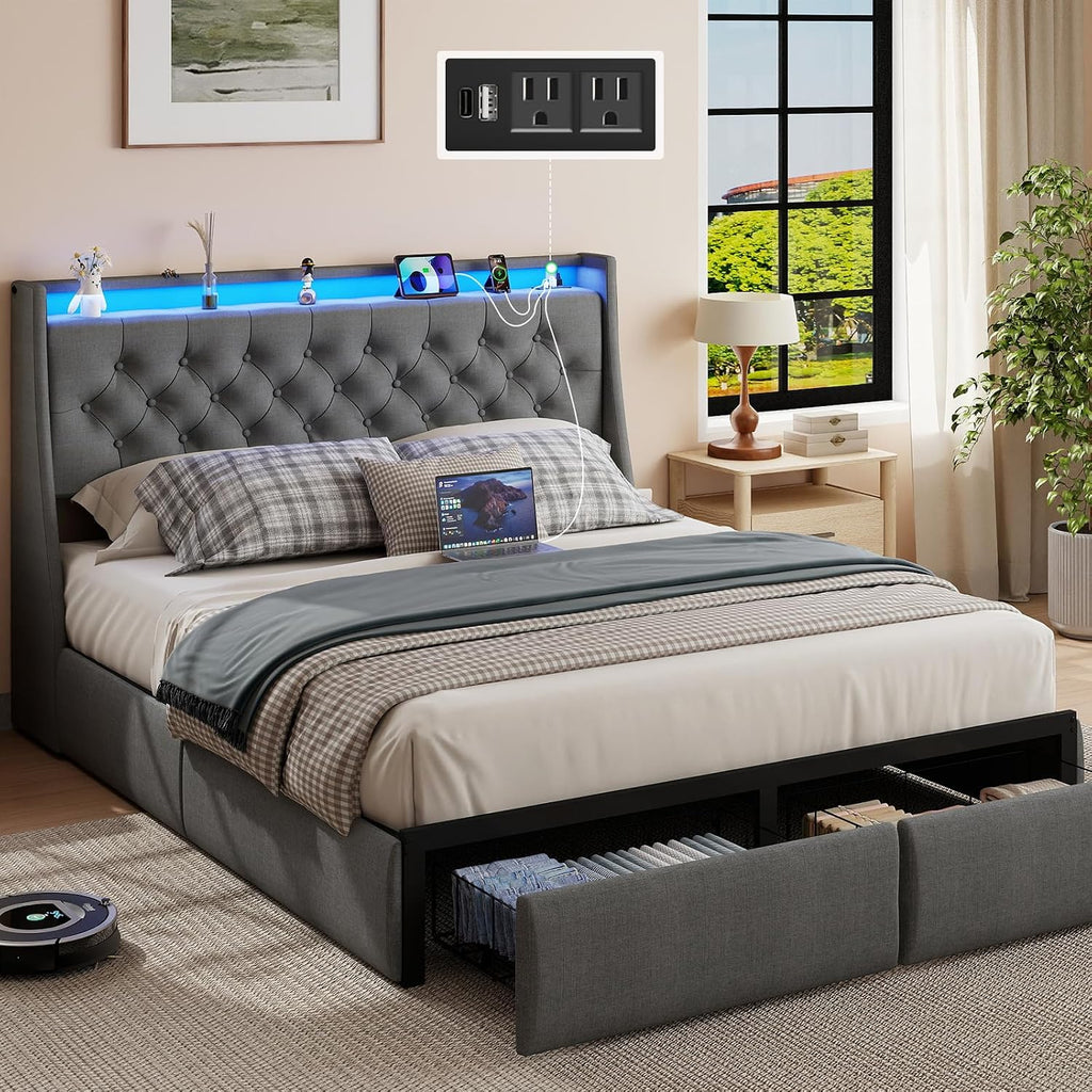 SADENICEL Full Size Bed Frame with Storage Headboard and 2 Drawer, Metal Full Bed Frame Platform with LED Light, Charging Station, No Box Spring Needed, Noise Free, Easy Assembly, Grey