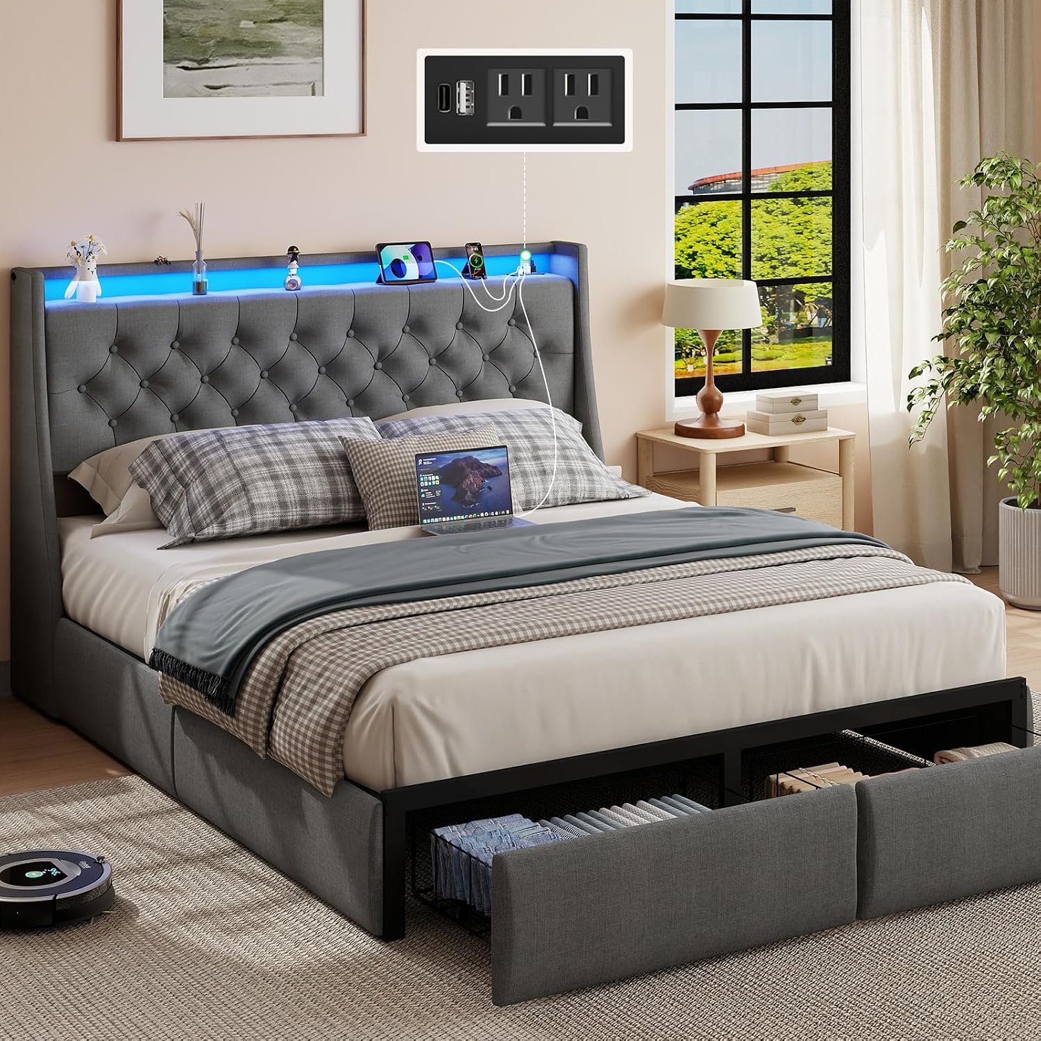 SADENICEL Full Size Bed Frame with Storage Headboard and 2 Drawer, Metal Full Bed Frame Platform with LED Light, Charging Station, No Box Spring Needed, Noise Free, Easy Assembly, Grey