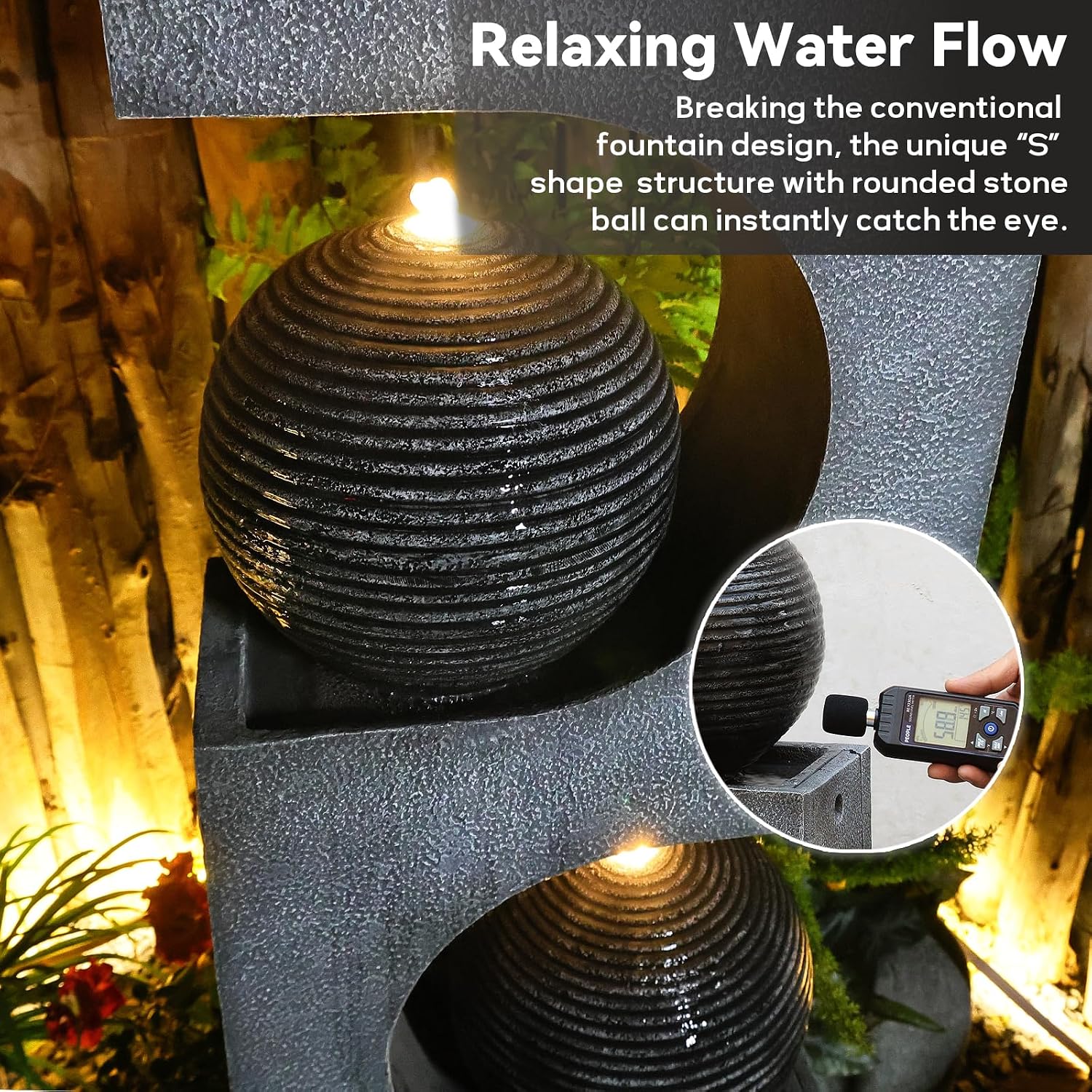 46''Tall Outdoor Water Fountain Water Garden Zen Fountains Indoor with Led Lights,Modern Sphere Curve for Garden Patio Yard Deck Home Decor Lawn Porch House