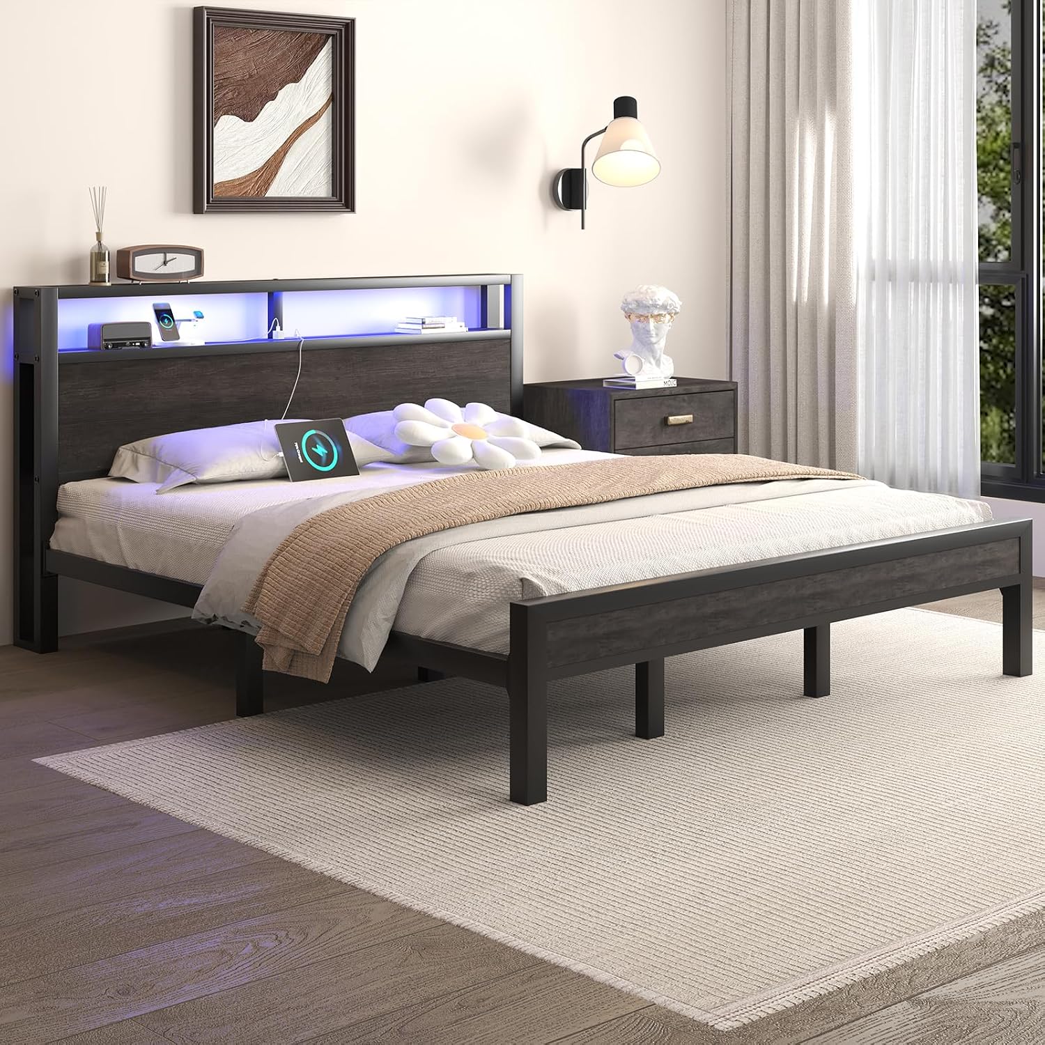 LOEWAY King Size Platform Bed with 2-Tier Storage Headboard, Metal Bed Frame with Charging Station & LED Light, Heavy Duty Metal Slats, No Box Spring Need, Noise Free, Grey