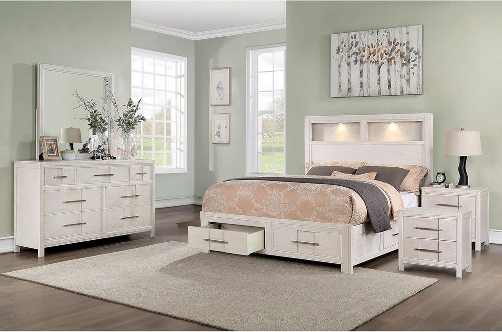 Furniture of America Echo Solid Wood 5-Piece Bedroom Set, Queen Size Platform Bed with Drawers and LED Lighting, Felt-Lined Top Storage, No Box Spring Required, White