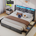 SADENICEL King Size Bed Frame with Storage Headboard, Metal Platform Bed Frame King with 4 Drawer, LED Light, Charging Station, No Box Spring Needed, Noise Free, Easy Assembly, Grey