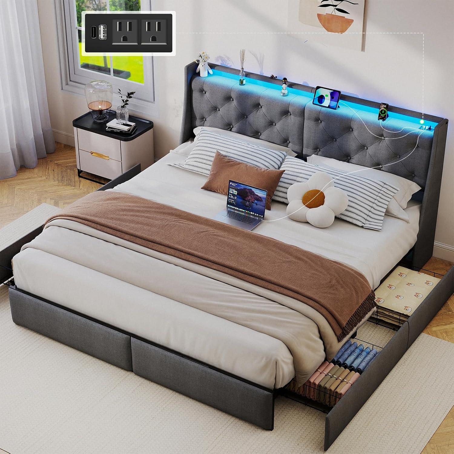 SADENICEL King Size Bed Frame with Storage Headboard, Metal Platform Bed Frame King with 4 Drawer, LED Light, Charging Station, No Box Spring Needed, Noise Free, Easy Assembly, Grey