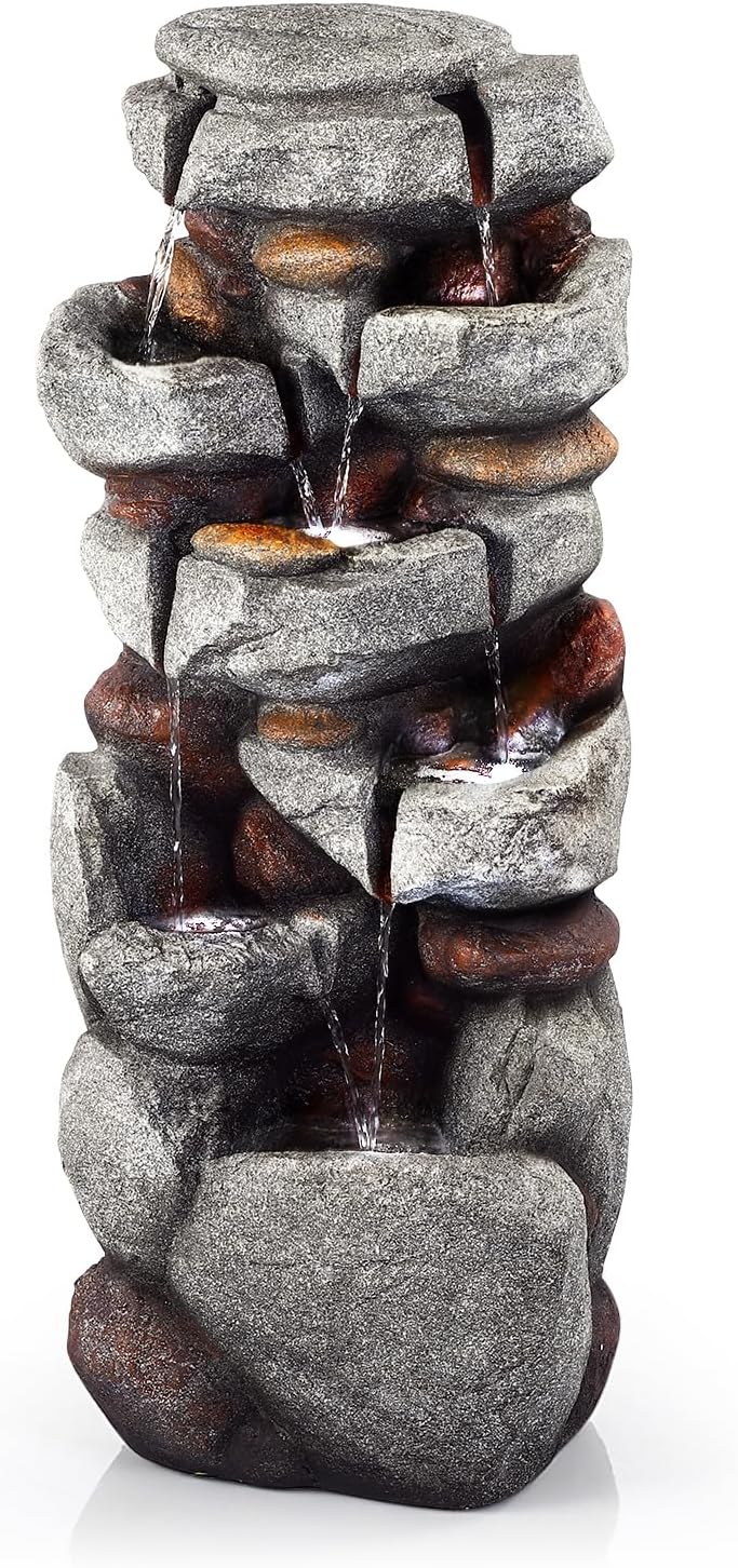 40' H Outdoor Water Fountain, Cascading Rock Waterfall Fountain with 6 White LED Lights, 7-Tiers Large Water Feature for Outdoor, Garden Water Fountain for Patio, Yark, Deck, Porch, Home Decor